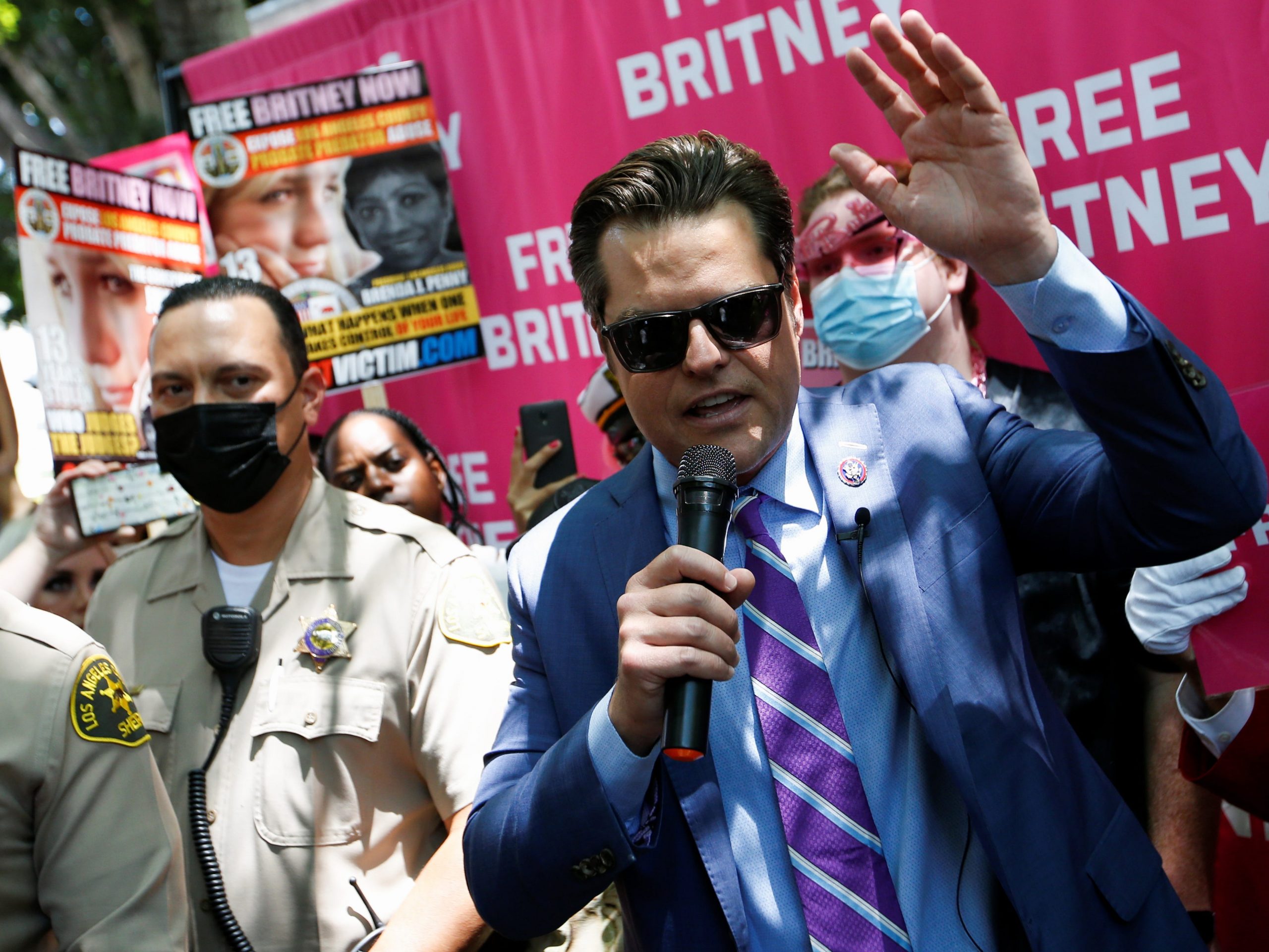 Rep. Matt Gaetz (R-FL) speaks during a protest in support of pop star Britney Spears outside a Los Angeles courthouse.