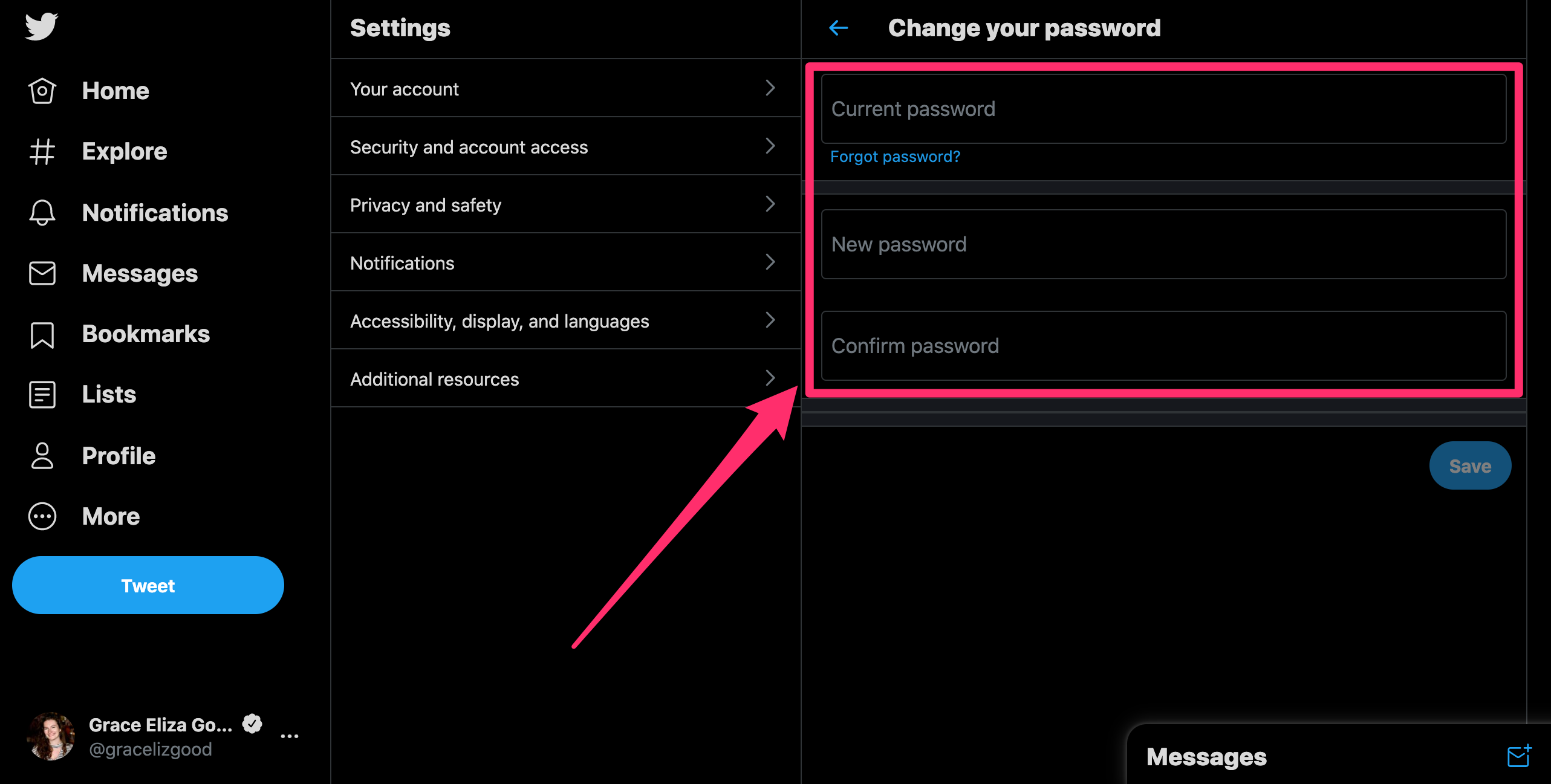 Screenshot of Twitter website change password page