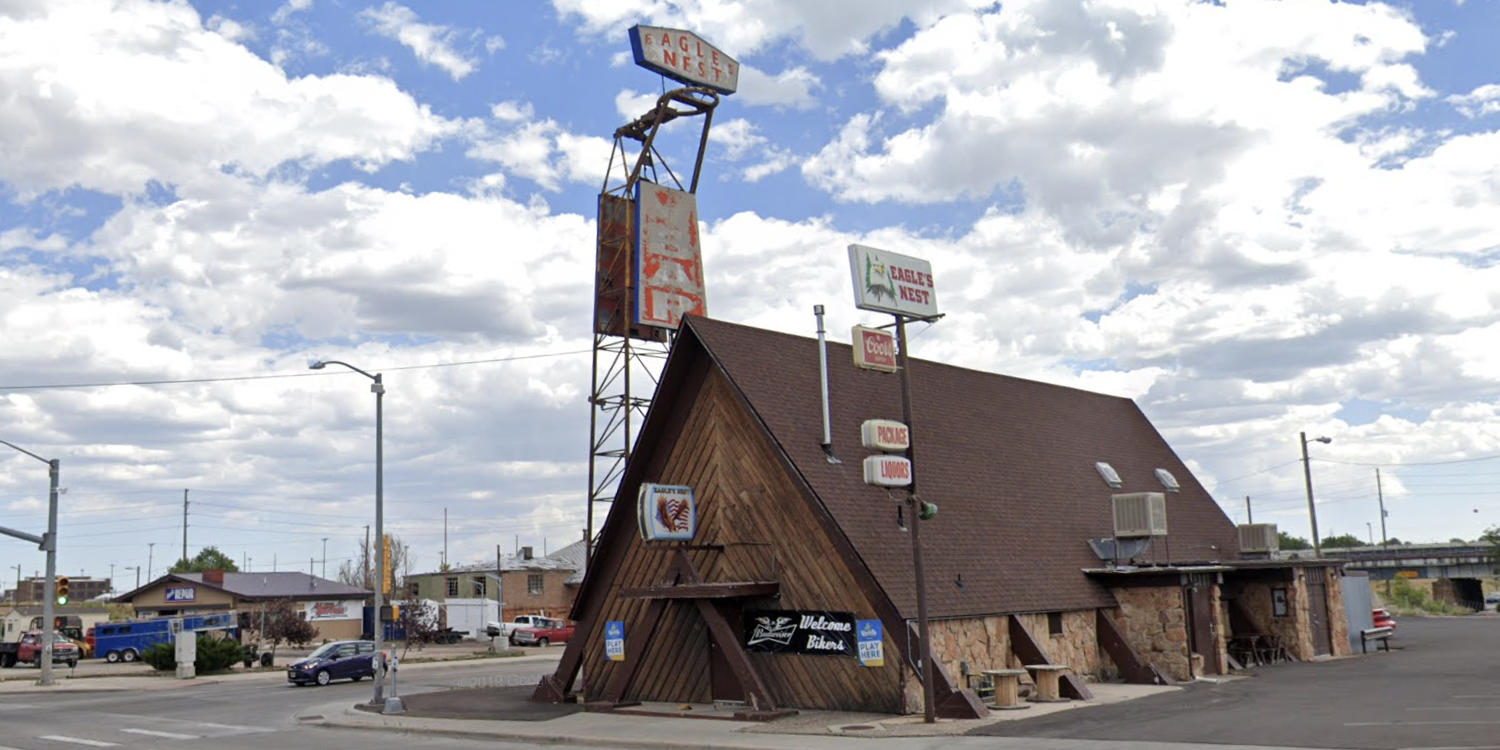 Street view of Eagle's Nest bar in Cheyenne, Wyoming.