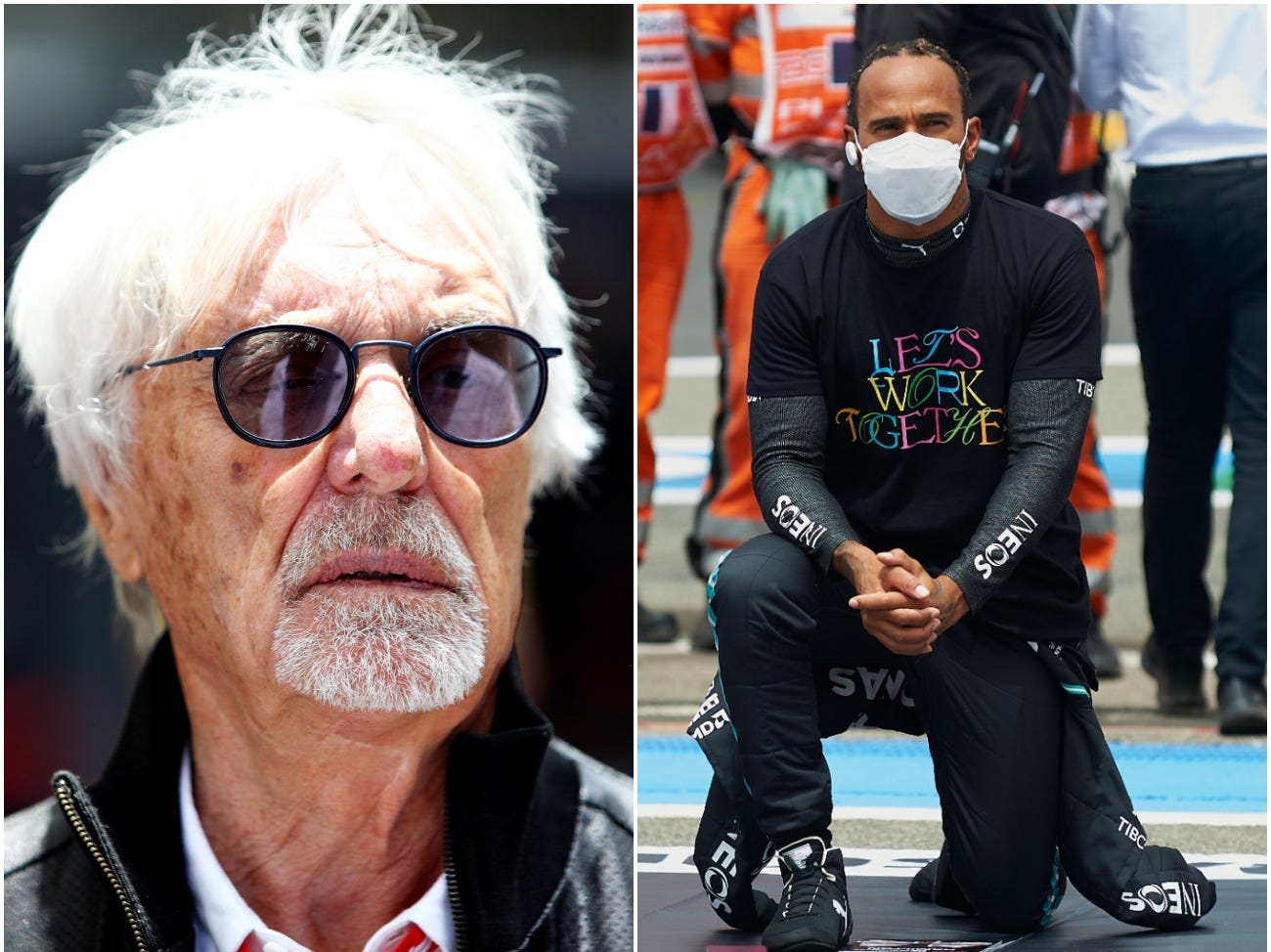 Former Formula One boss Bernie Ecclestone and Mercedes driver Lewis Hamilton