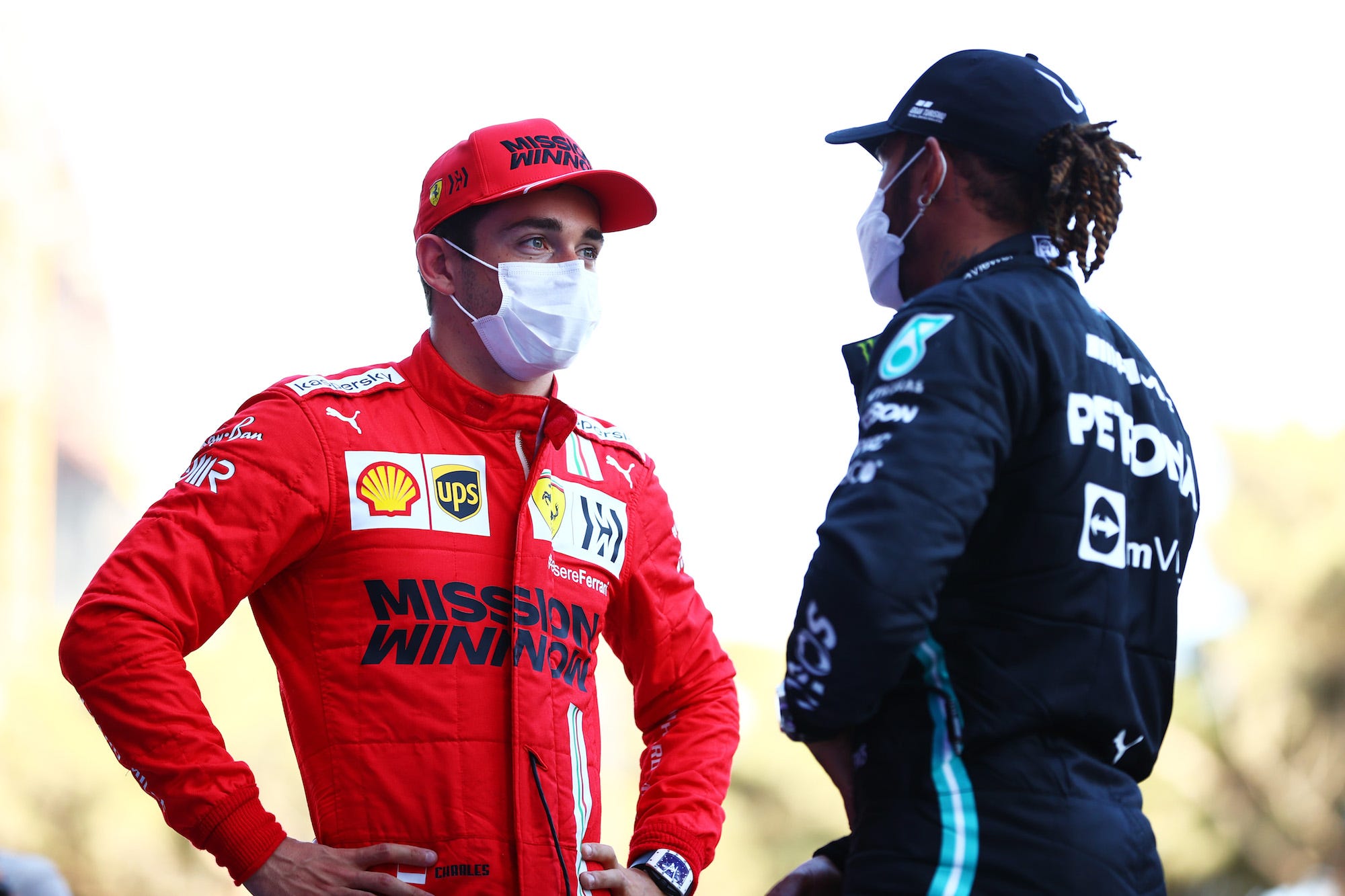 Pole position qualifier Charles Leclerc of Monaco and Ferrari talks with second place qualifier Lewis Hamilton of Great Britain and Mercedes GP in parc ferme during qualifying ahead of the F1 Grand Prix of Azerbaijan at Baku City Circuit on June 05, 2021 in Baku, Azerbaijan.