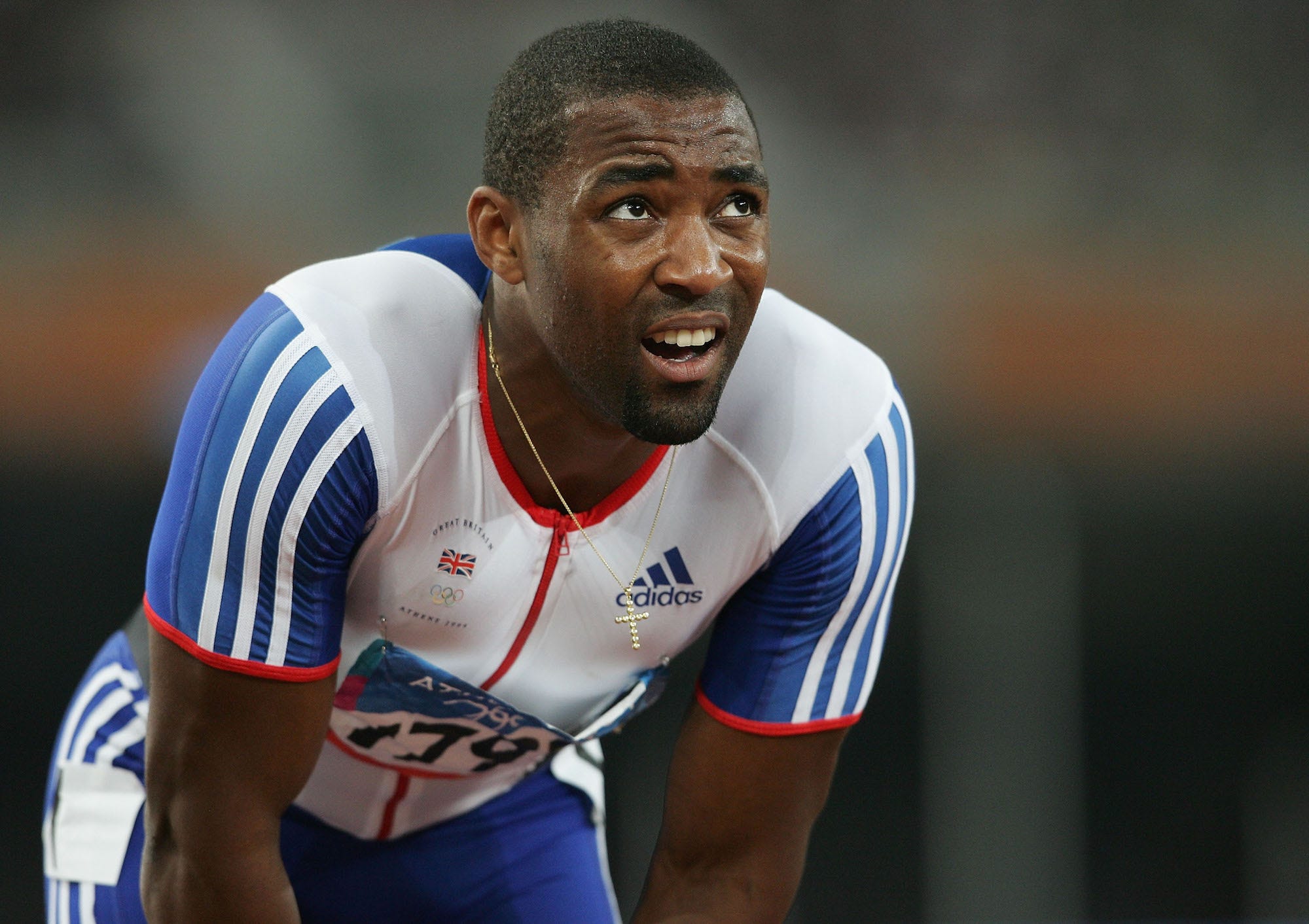 Darren Campbell of Great Britain is seen after the men's 200 metre semifinal on August 25, 2004 during the Athens 2004 Summer Olympic Games at the Olympic Stadium in the Sports Complex in Athens, Greece