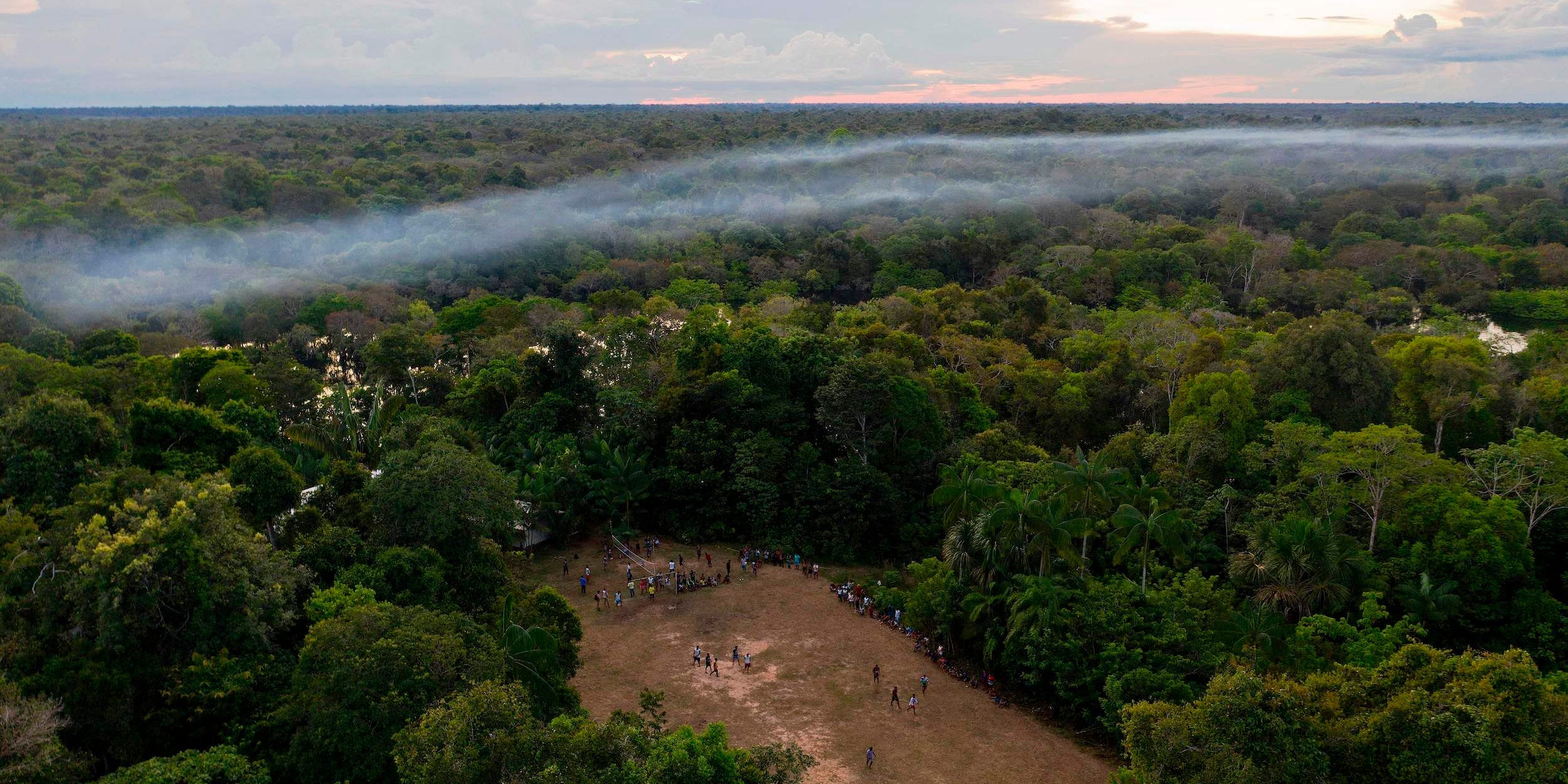 Aerial view of a football game taking place in a forest clearing in the Bauana community, municipality of Carauari, in the heart of the Brazilian Amazon Forest, on March 15, 2020.