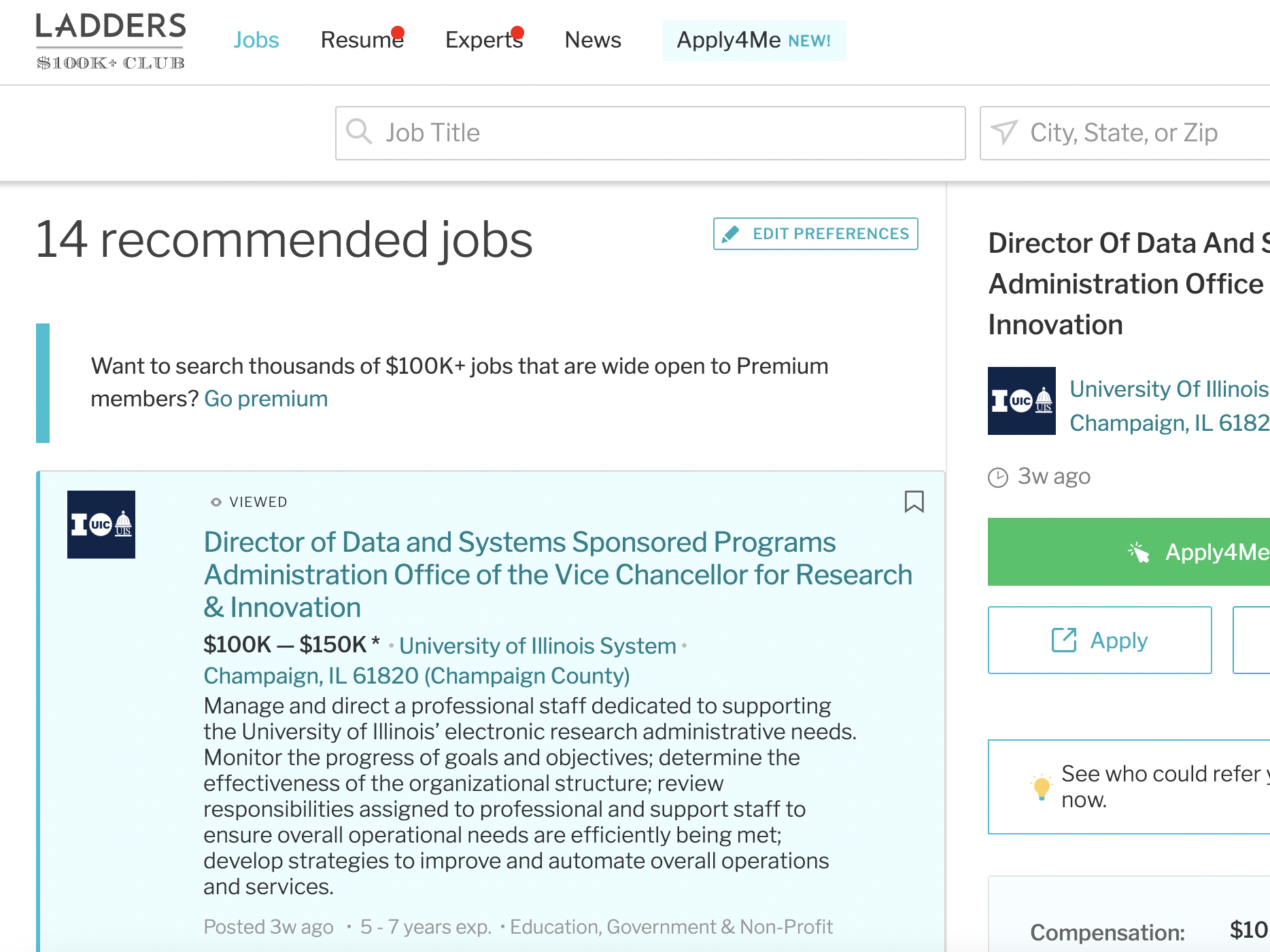 Screenshot of job search website