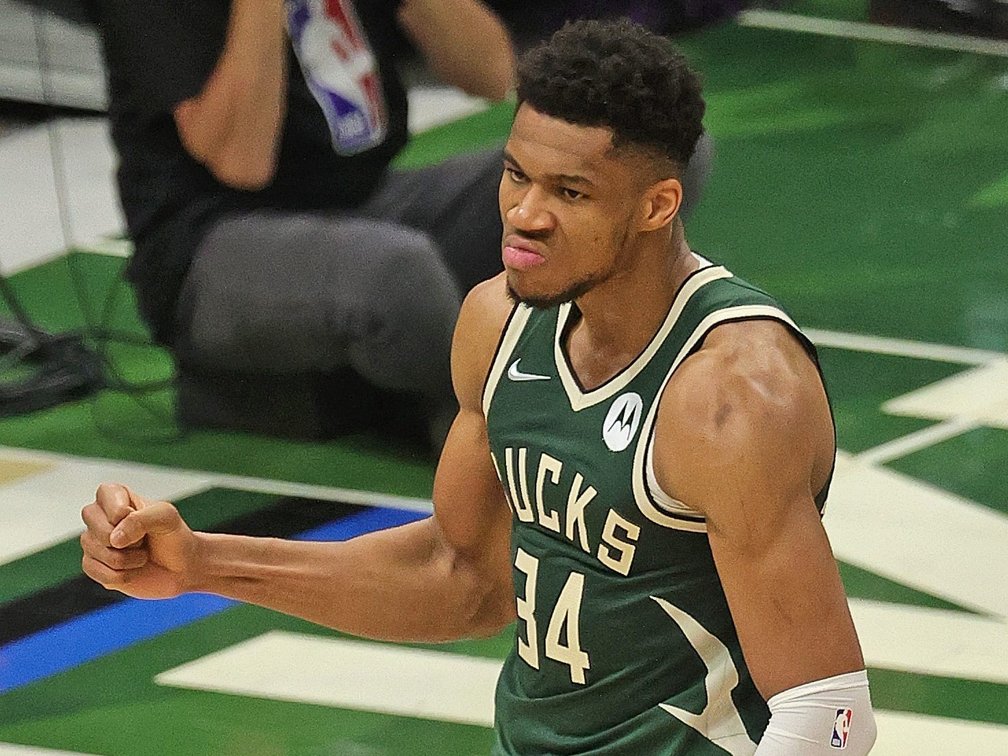 Giannis Antetokounmpo reacts after a play in the NBA Finals.