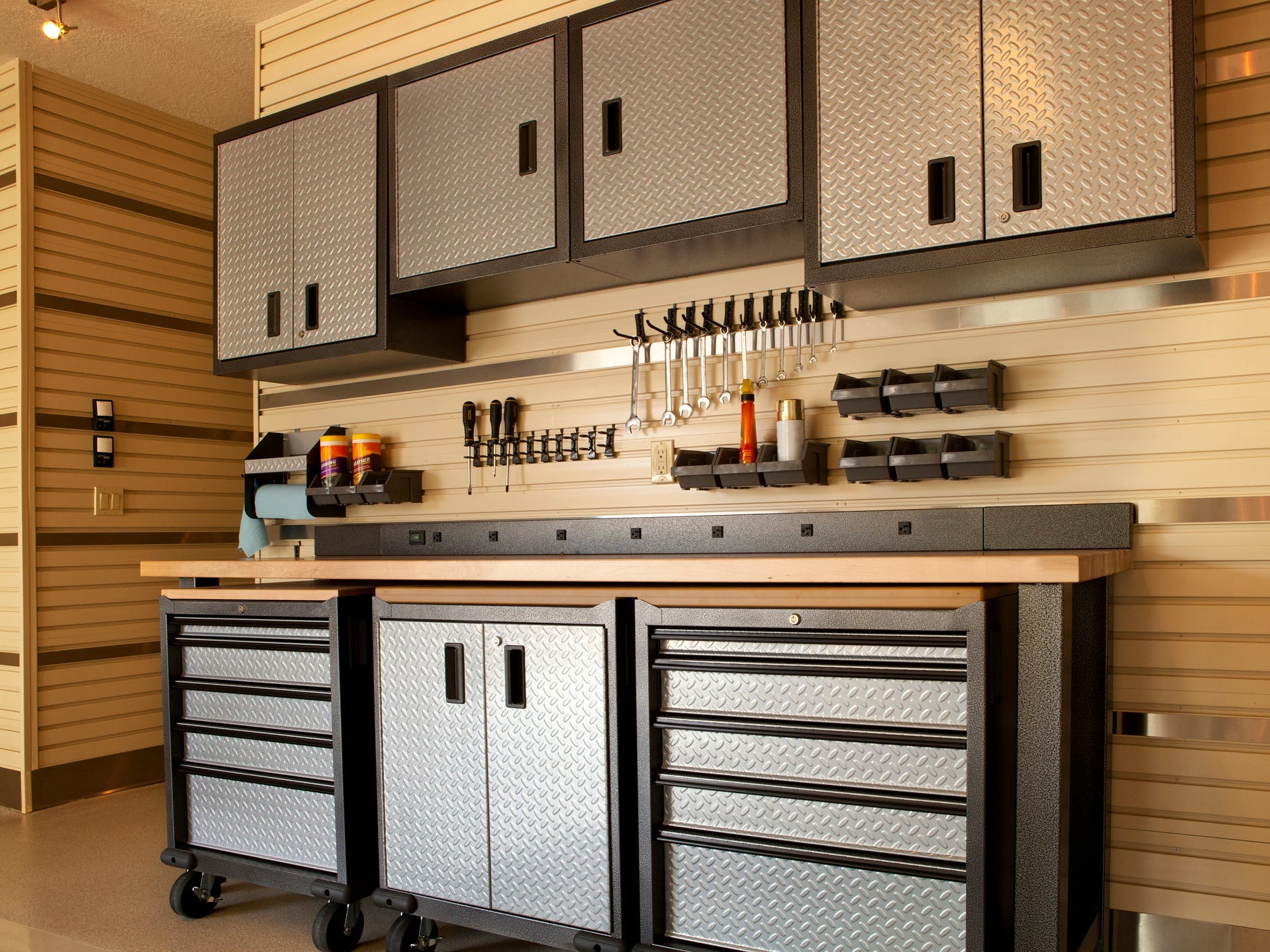 A set of black and gray steel cabinets.