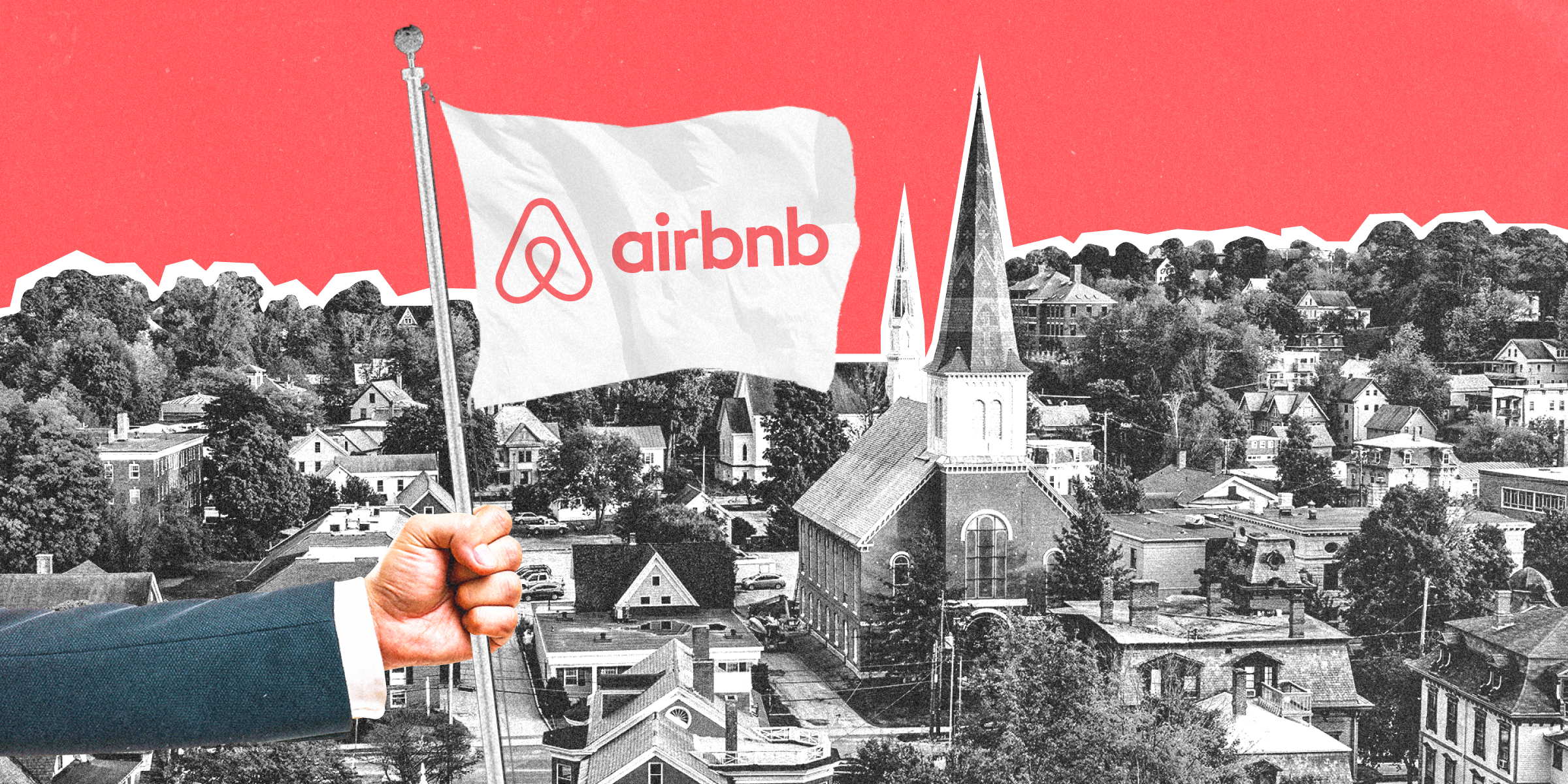 A business man's arm planting a large AirBnB flag onto a townscape of Montpelier, Vermont on a pink background