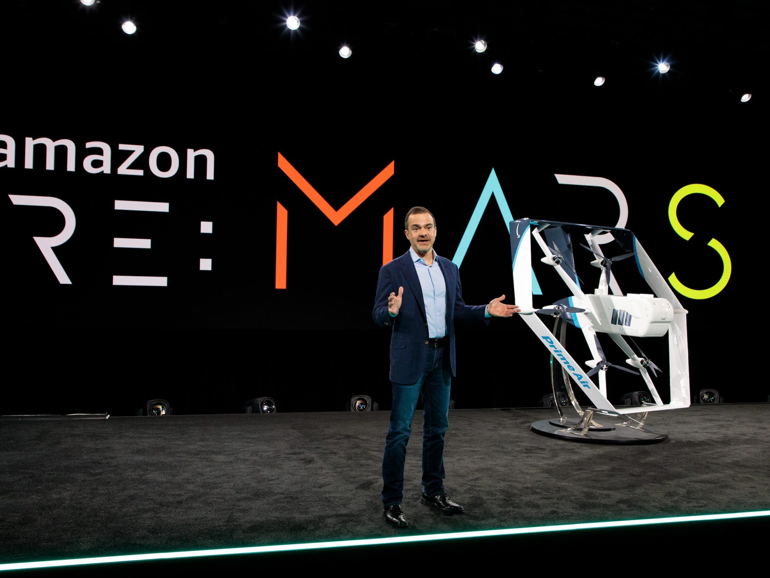 Jeff Wilke, CEO of Amazon's consumer business, announces the company's Prime Air drone at its re:MARS conference in Las Vegas on June 5, 2019.