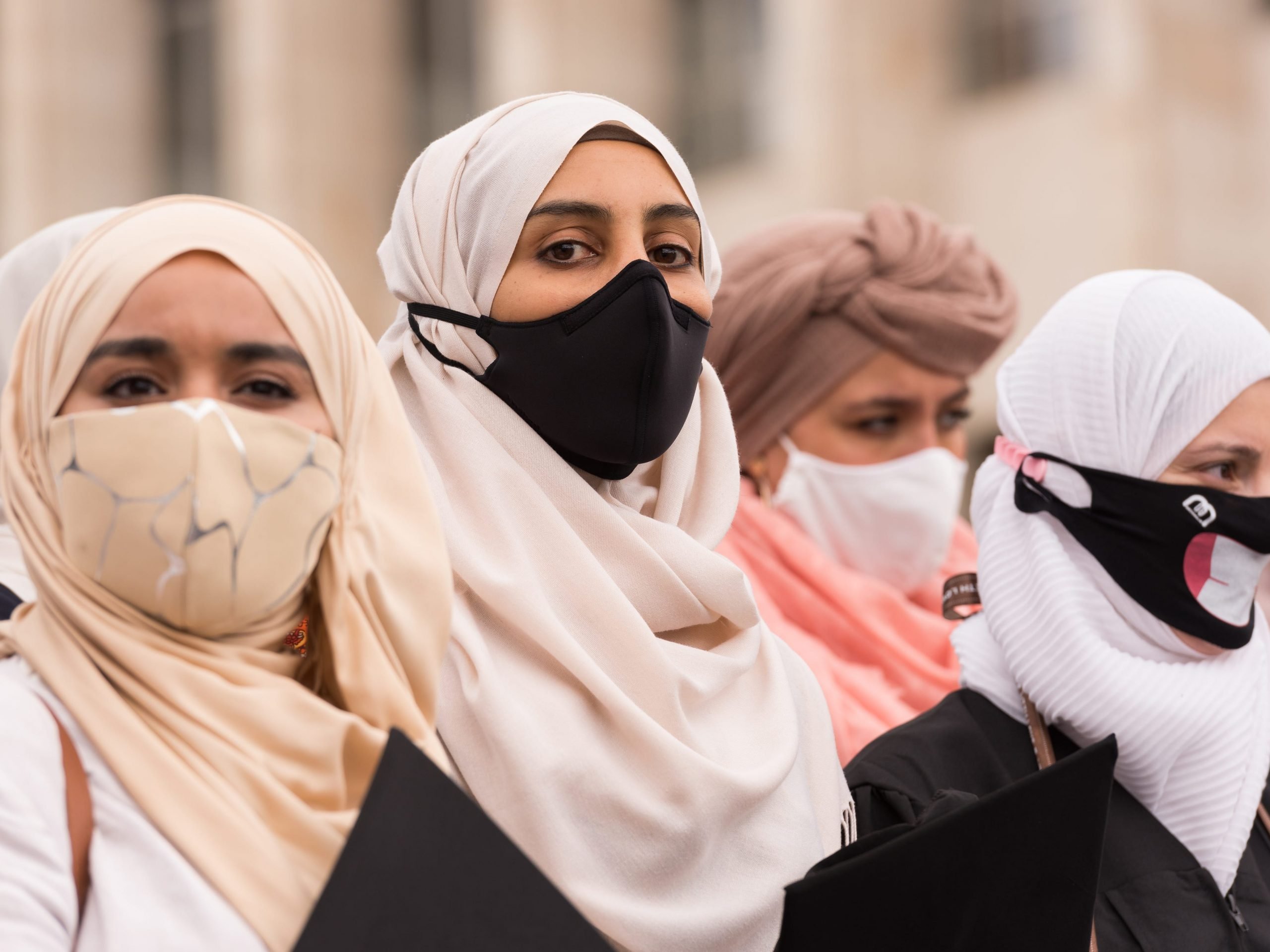 Protest from Muslim students called HijabisFightBack in Brussels, Belgium, June 5, 2020. Demonstration from Muslim students and sympathizers against the ban from the judgment of the Constitutional Court against the headscarf ban at Brussels university college.