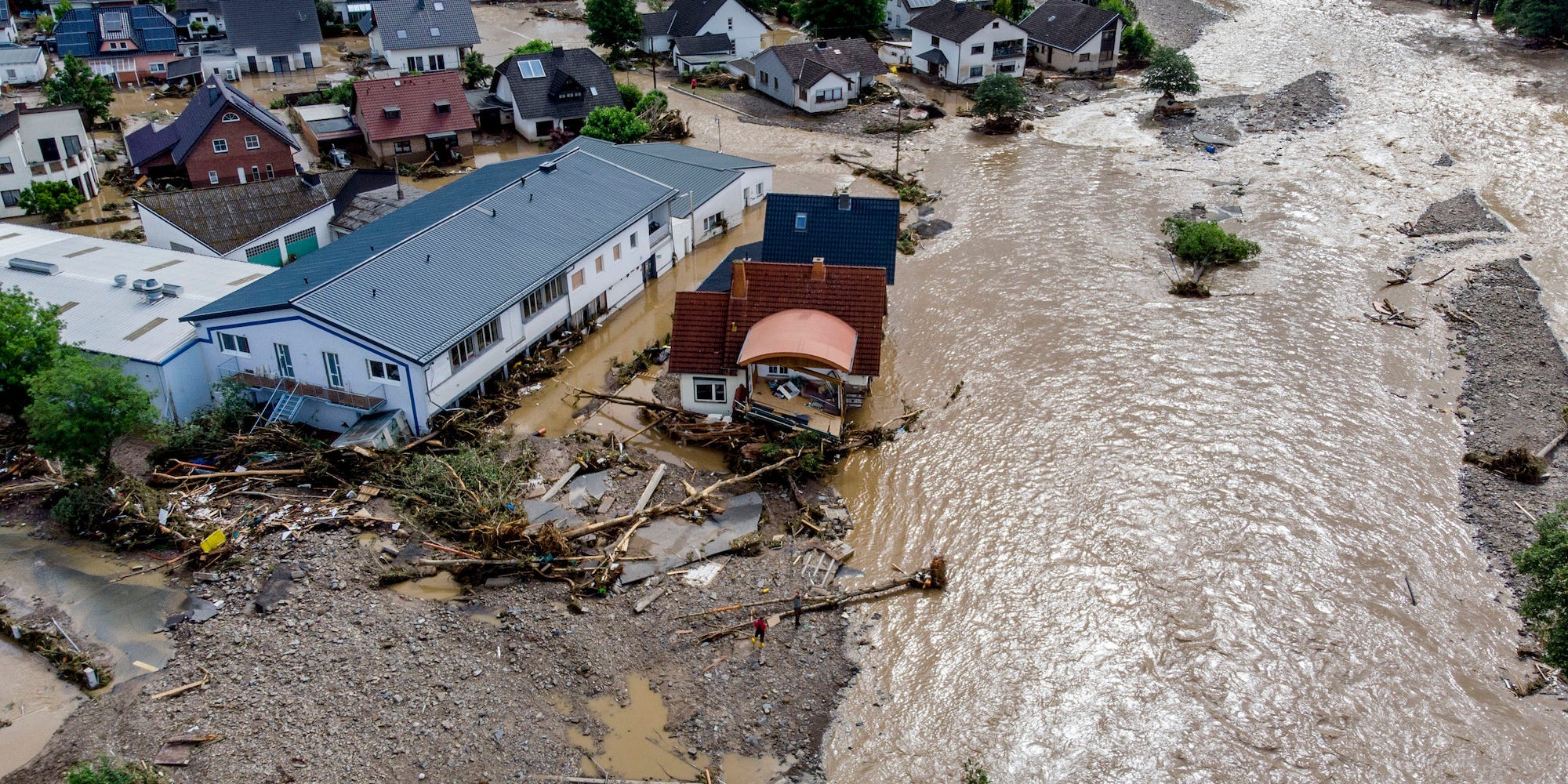 Aerial image showing damaged houses in Germany after severe flooding
