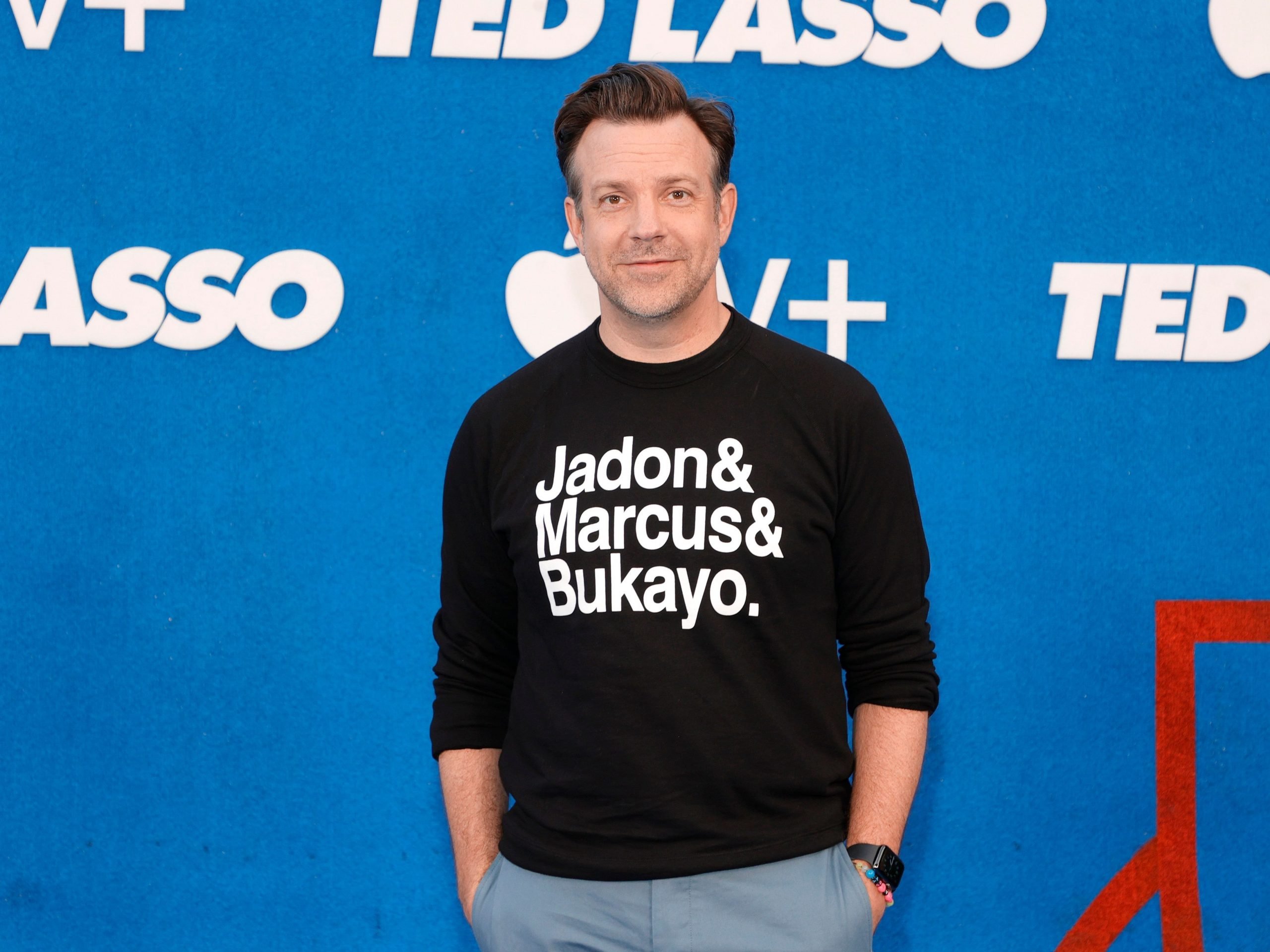 Jason Sudeikis poses at the premiere of Ted Lasso's second season