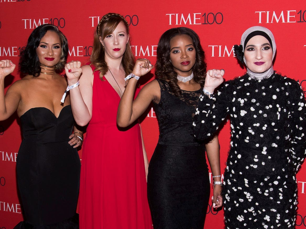 From left, Carmen Perez, Bob Bland, Tamika Mallory and Linda Sarsour attend the TIME 100 Gala in April 2017.