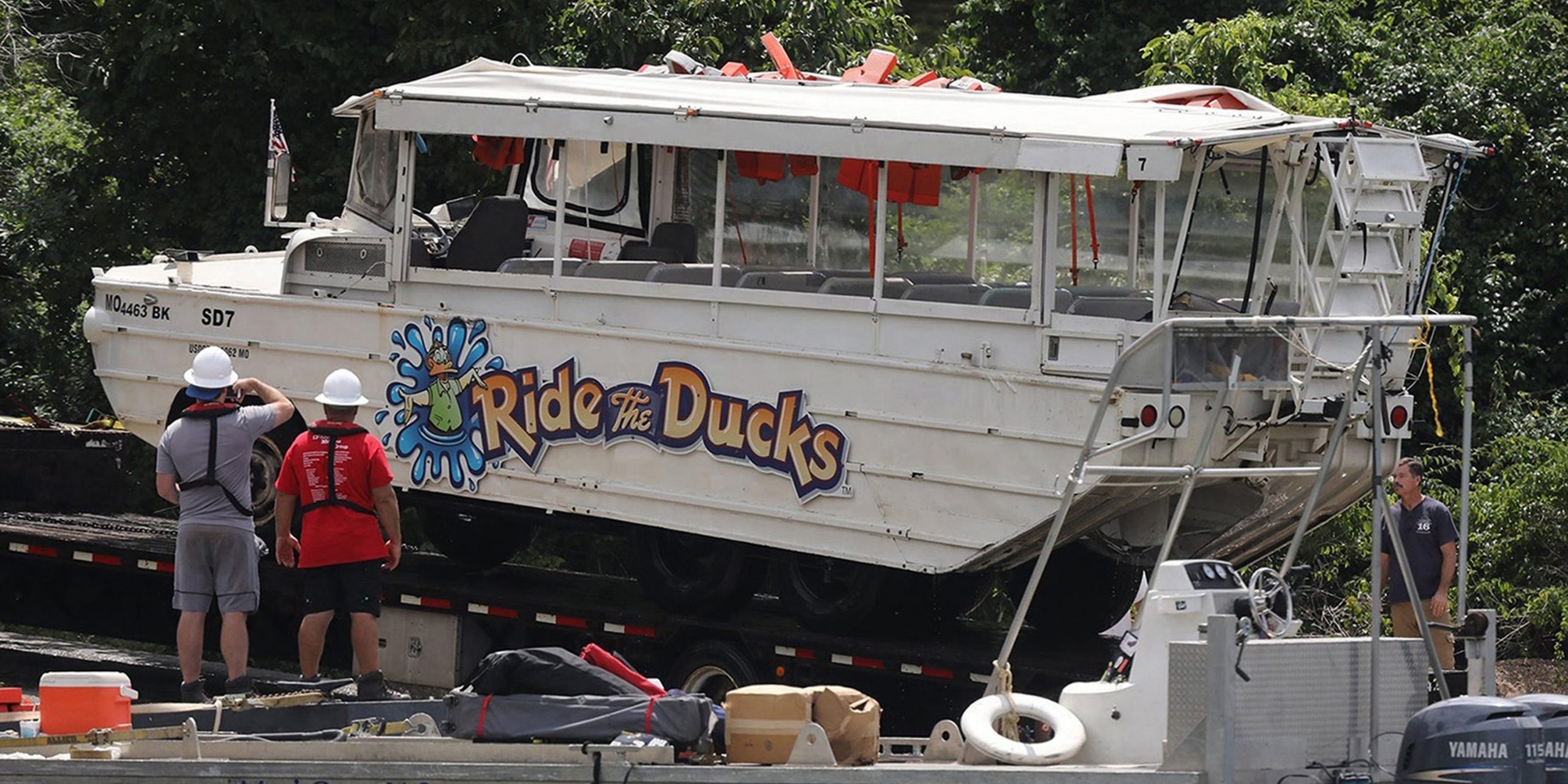 The duck boat is hauled out of the water on Monday, July 23, 2018, at Table Rock Lake in Branson, Mo.