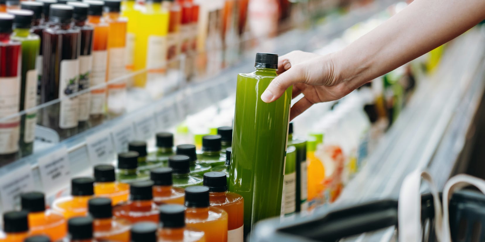 green juice in juice aisle of grocery sh