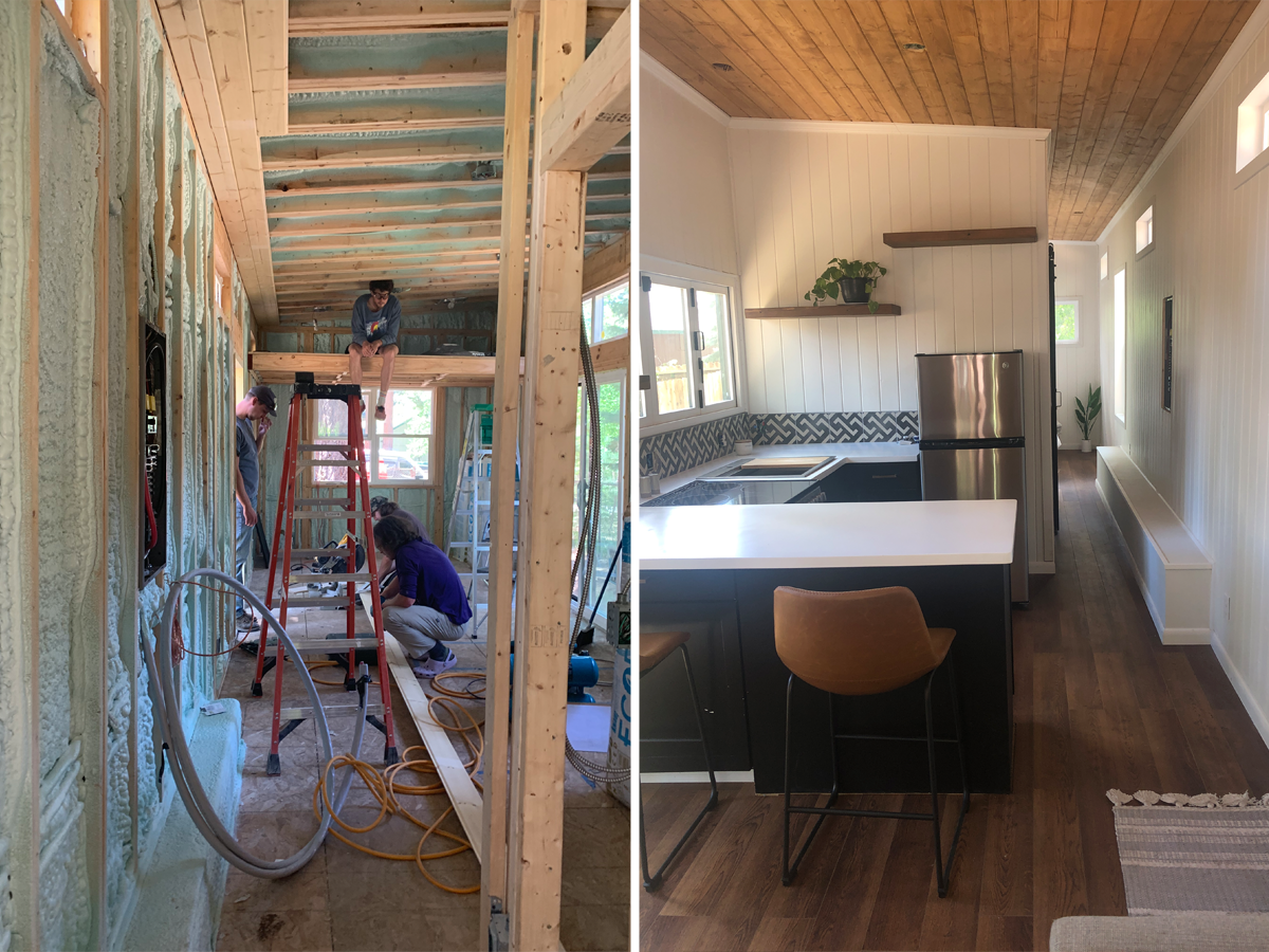 (left) interior shot of tiny home being built (right) interior shot of completed tiny home living and kitchen areas