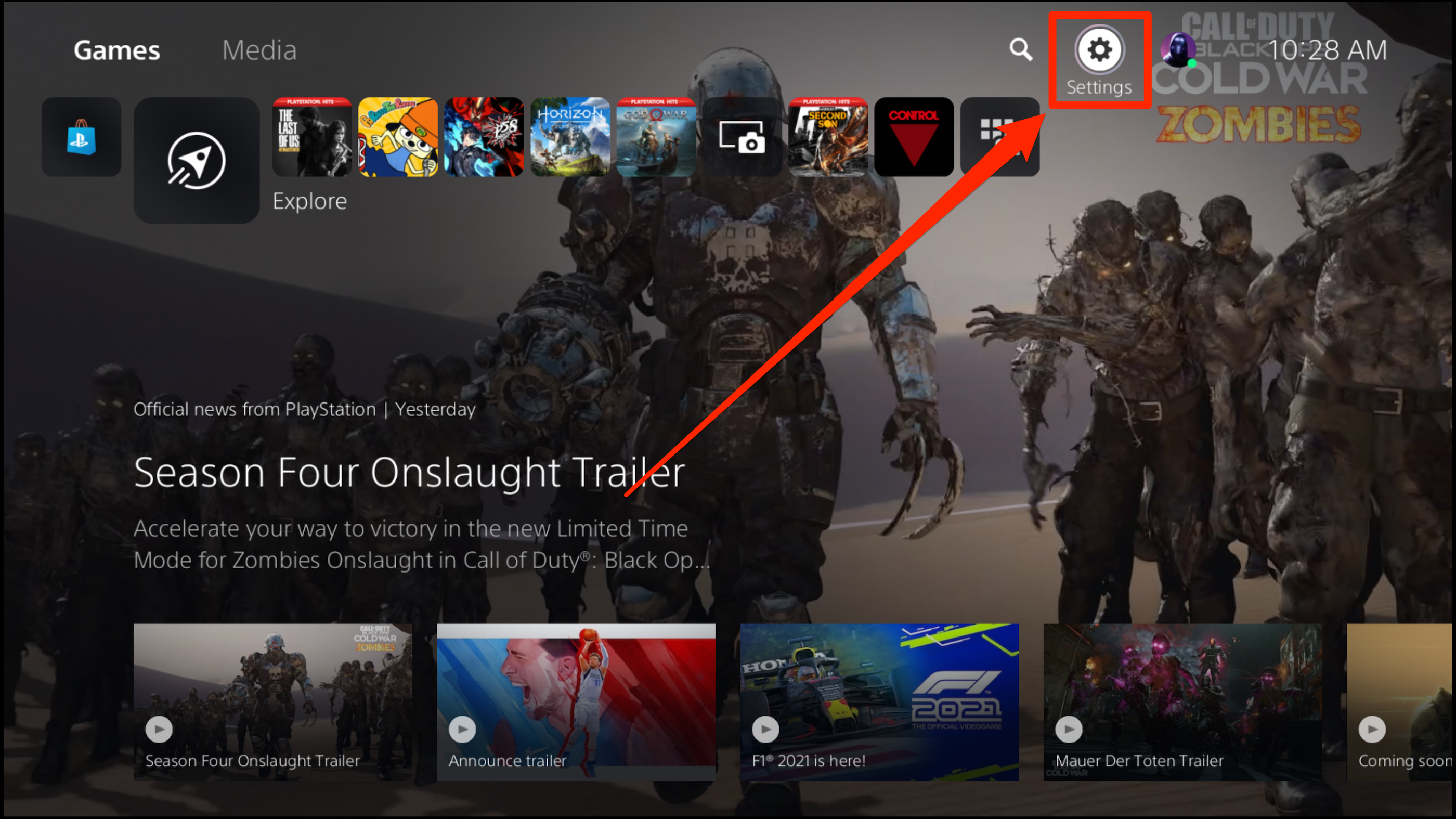 A PS5 home screen, with the Settings icon in the corner highlighted.