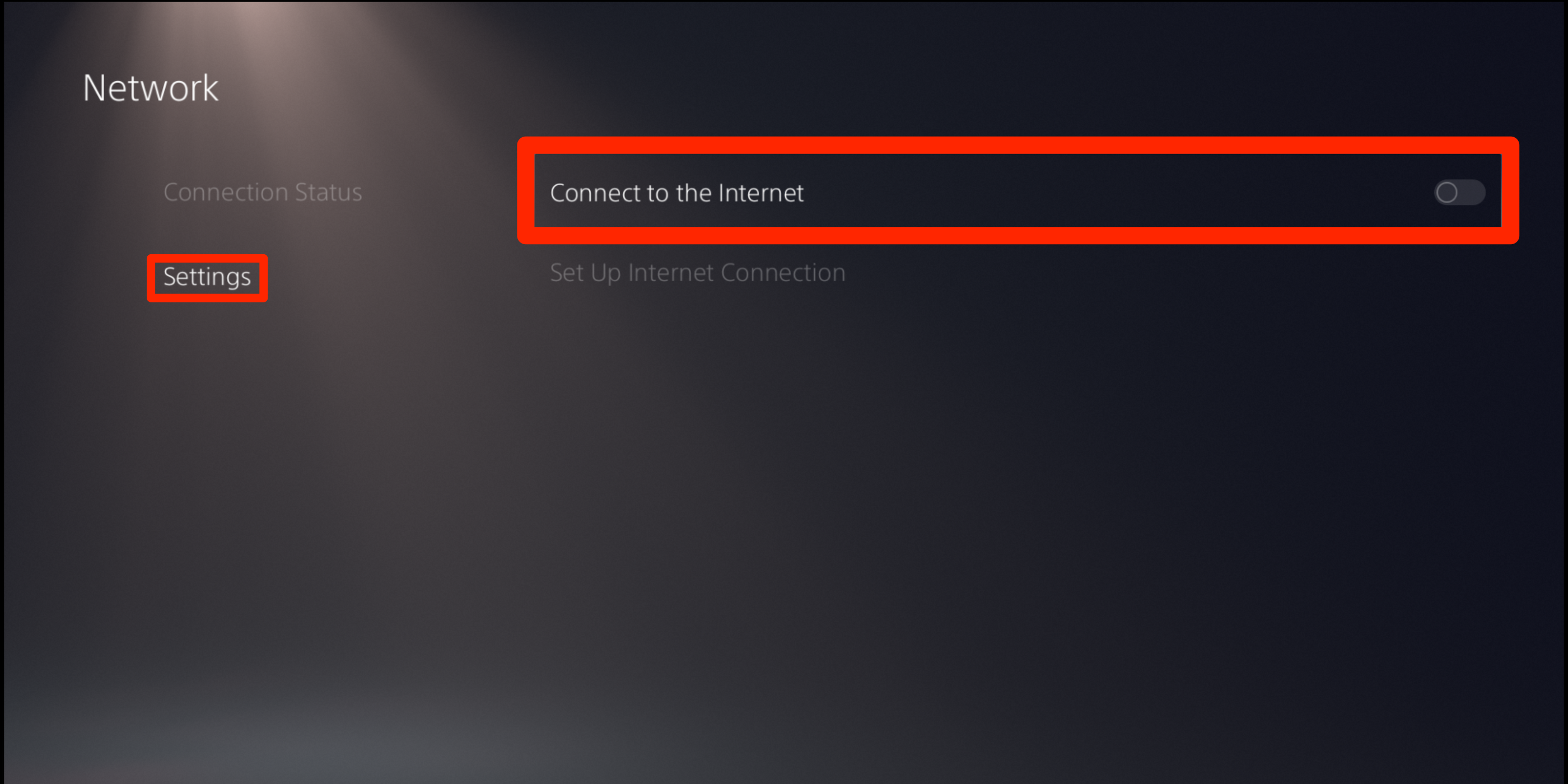 A PS5 settings screen showing that the internet connection has been disabled.