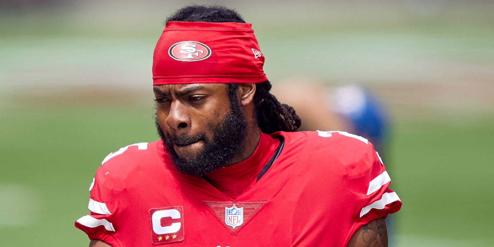 an Francisco 49ers cornerback Richard Sherman (25) looks on during the NFL game between the San Francisco 49ers and the Arizona Cardinals on September 13, 2020, at Levi's Stadium in Santa Clara, California.