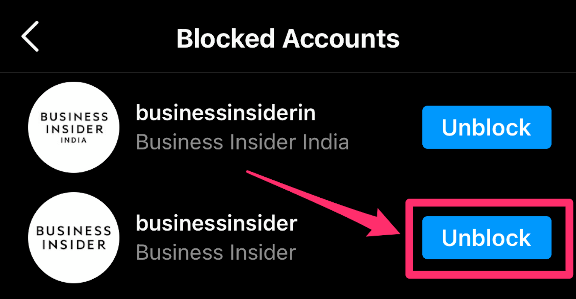Screenshot of "Blocked Accounts" page on Instagram app