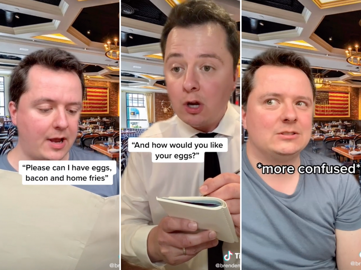 Screenshots from Brenden's video showcasing the cultural differences of eating out in the US versus the UK.