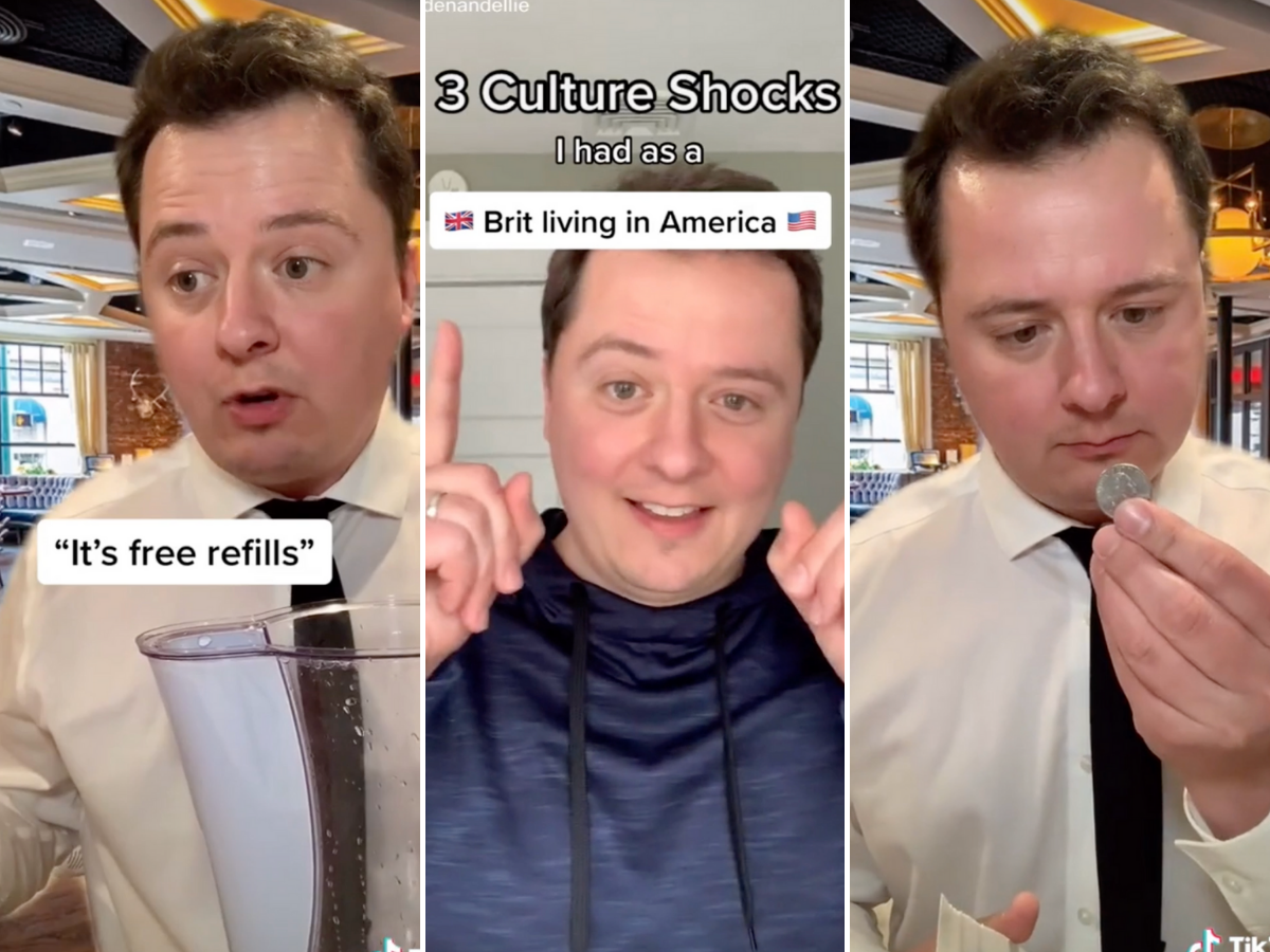 Screenshots from Brenden's video showcasing the cultural differences of eating out in the US versus the UK.