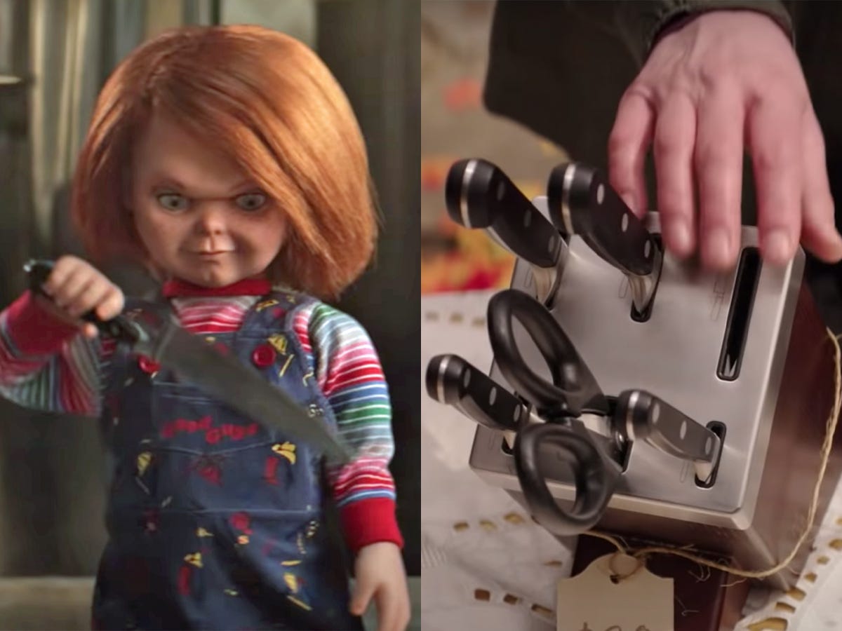 A side-by-side image of Chucky the doll holding a knife and a hand resting on a knife block at a garage sale.