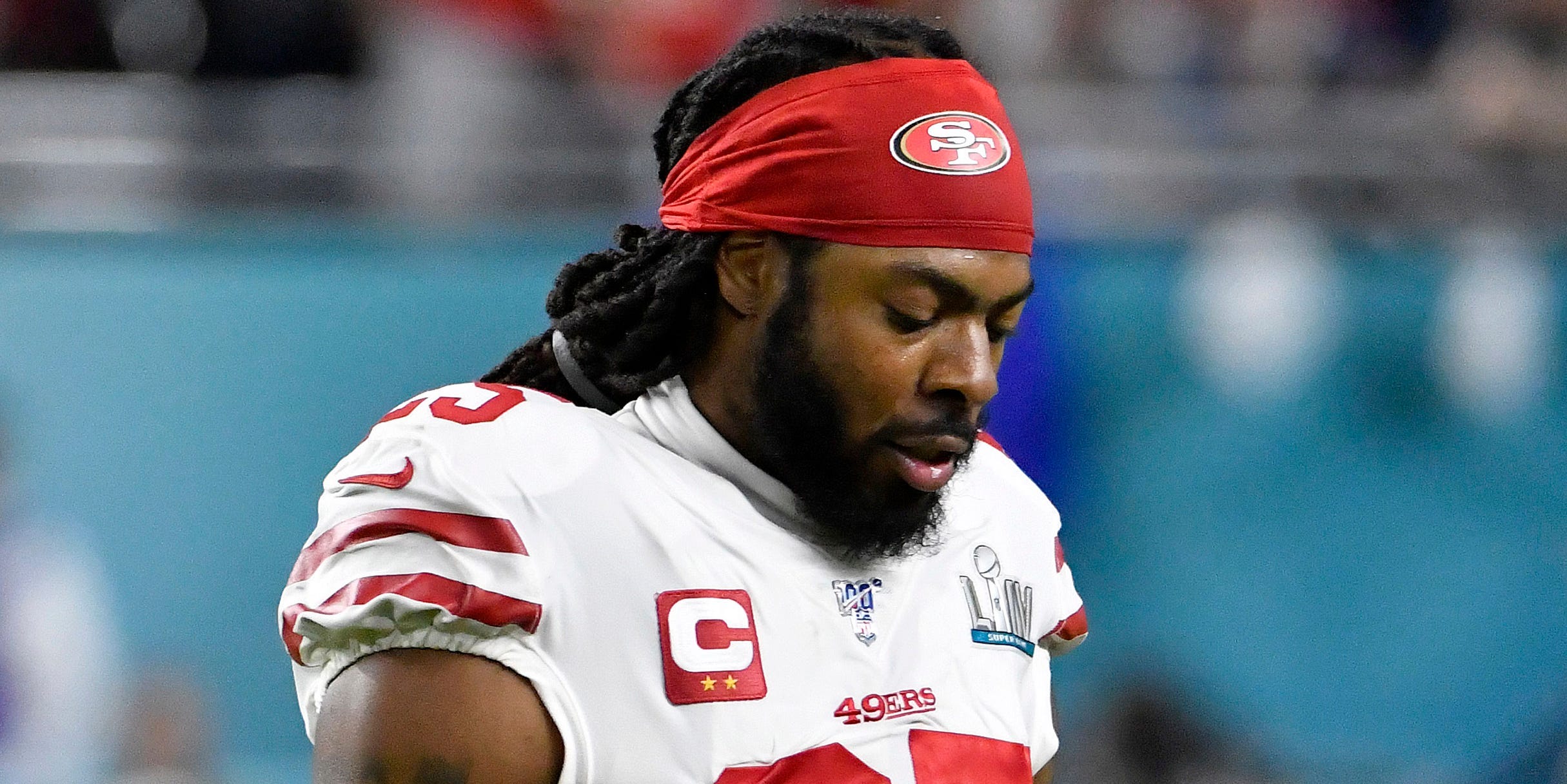 Richard Sherman #25 of the San Francisco 49ers looks on against the Kansas City Chiefs in Super Bowl LIV at Hard Rock Stadium on February 02, 2020 in Miami, Florida.