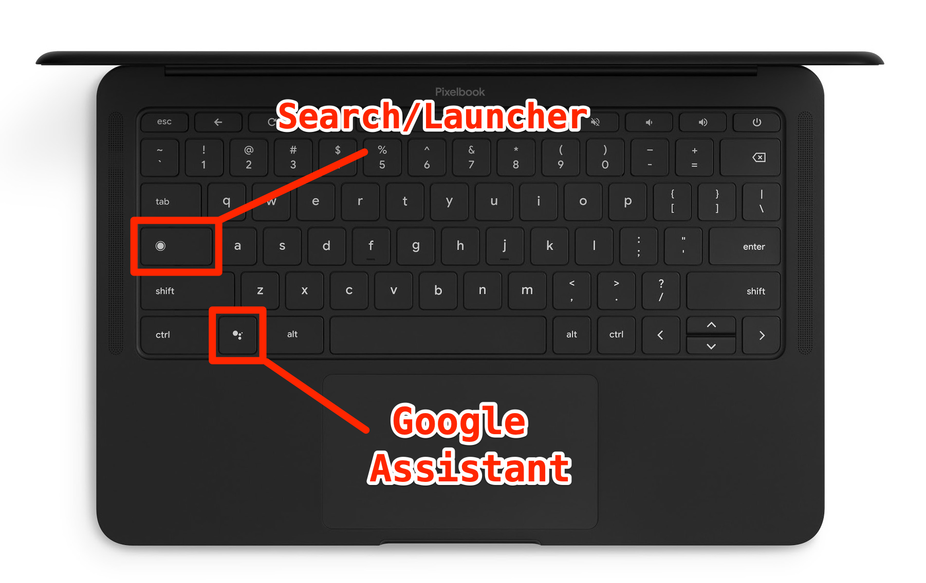 A Google Pixelbook Go's keyboard, with the Google Assistant and Search keys highlighted.