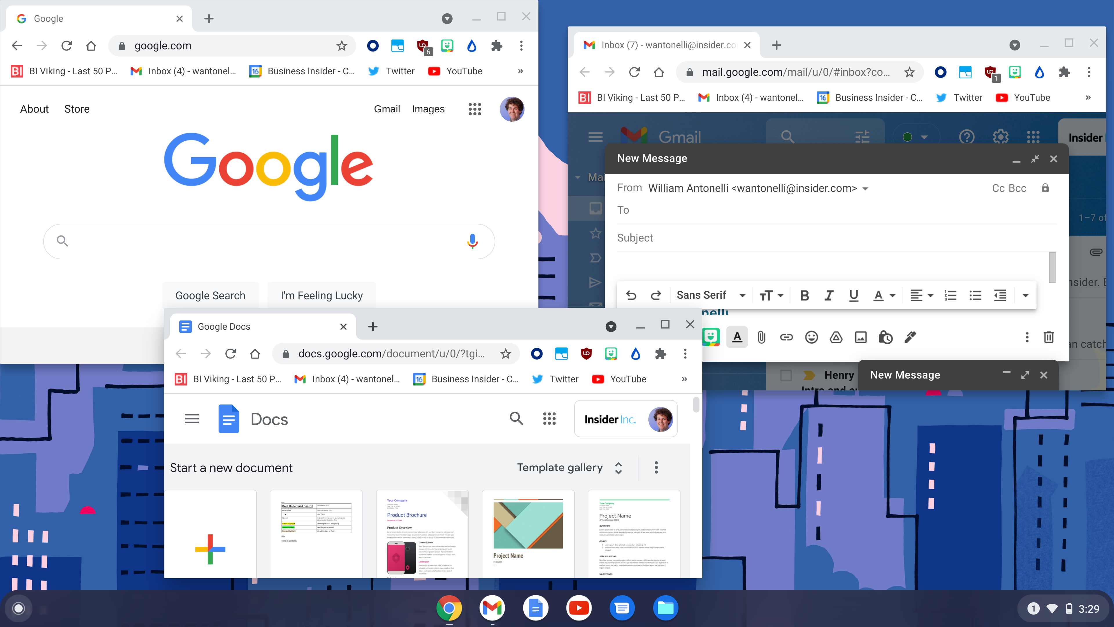 A Chromebook's desktop, with Google Chrome, Gmail, and Google Docs open in separate windows.