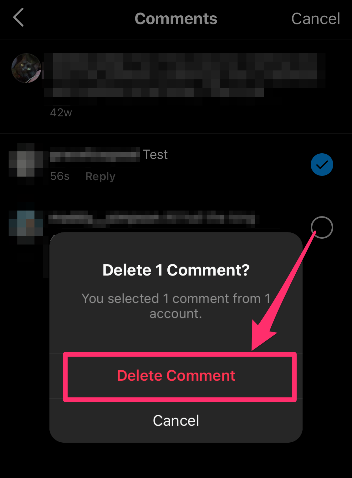 Screenshot of Delete Comment pop-up on Instagram