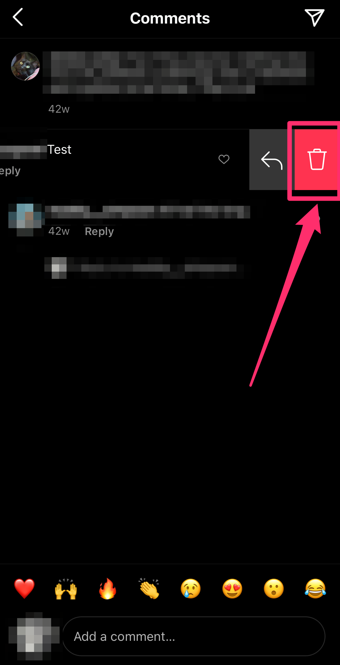 Screenshot of trash can icon on comment in Instagram
