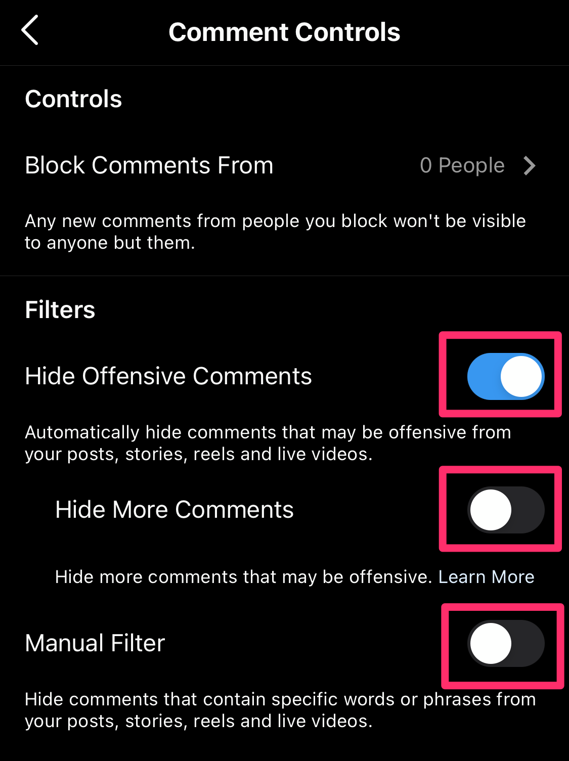 Screenshot of Comment Controls page on Instagram