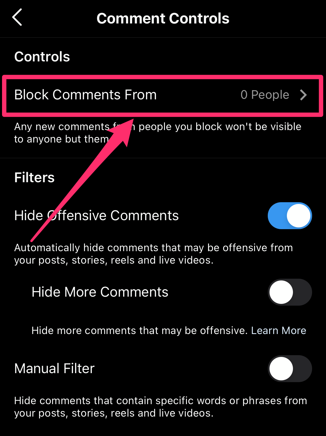 Screenshot of Comment Controls page on Instagram