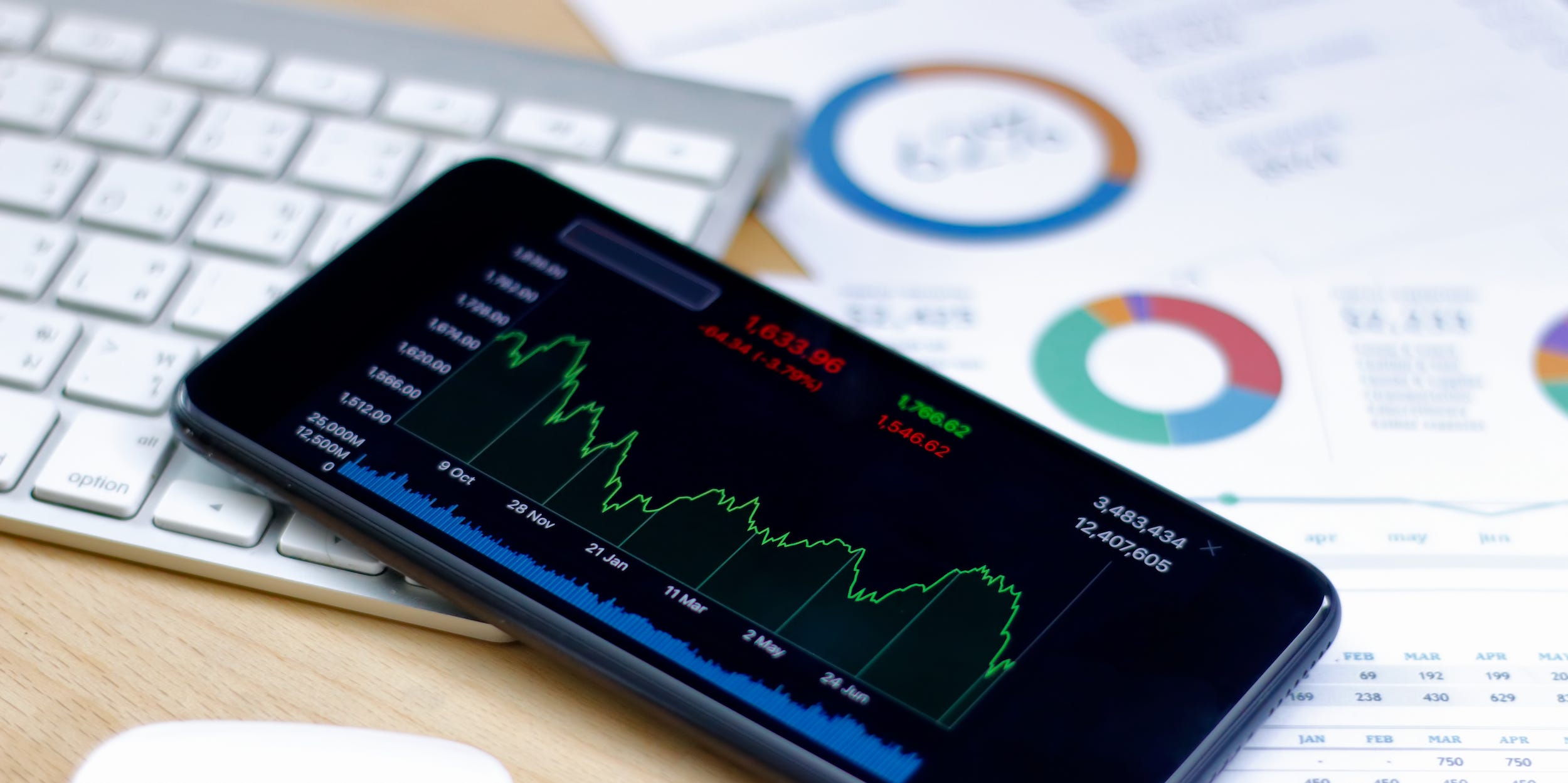 Photo of a smartphone showing a stock market trend and sitting on top of a white keyboard.