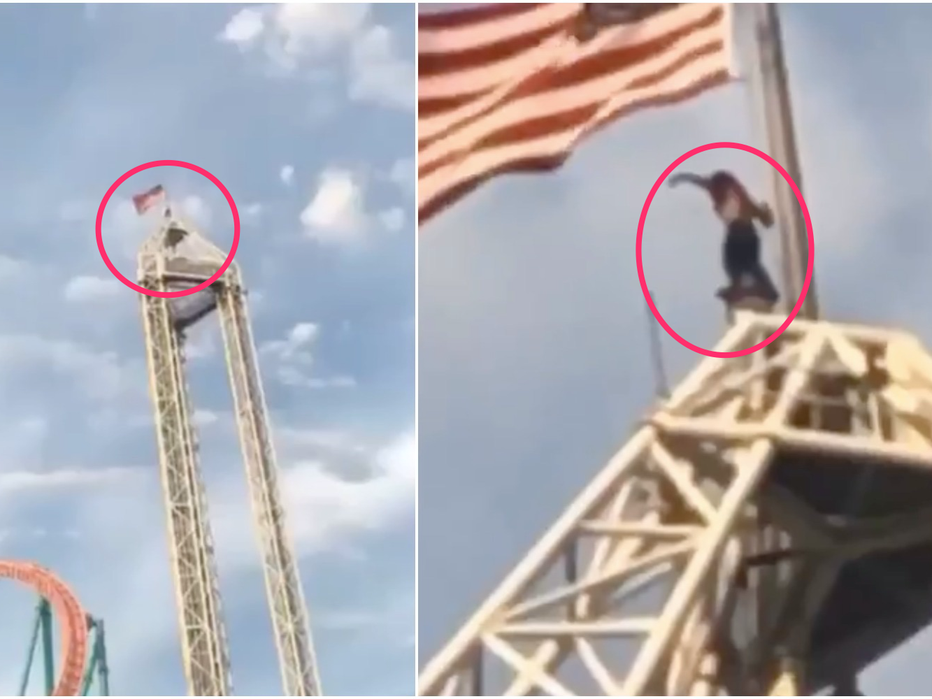 Man stands on top of the Supreme Scream tower at the Knott's Berry Farm in California