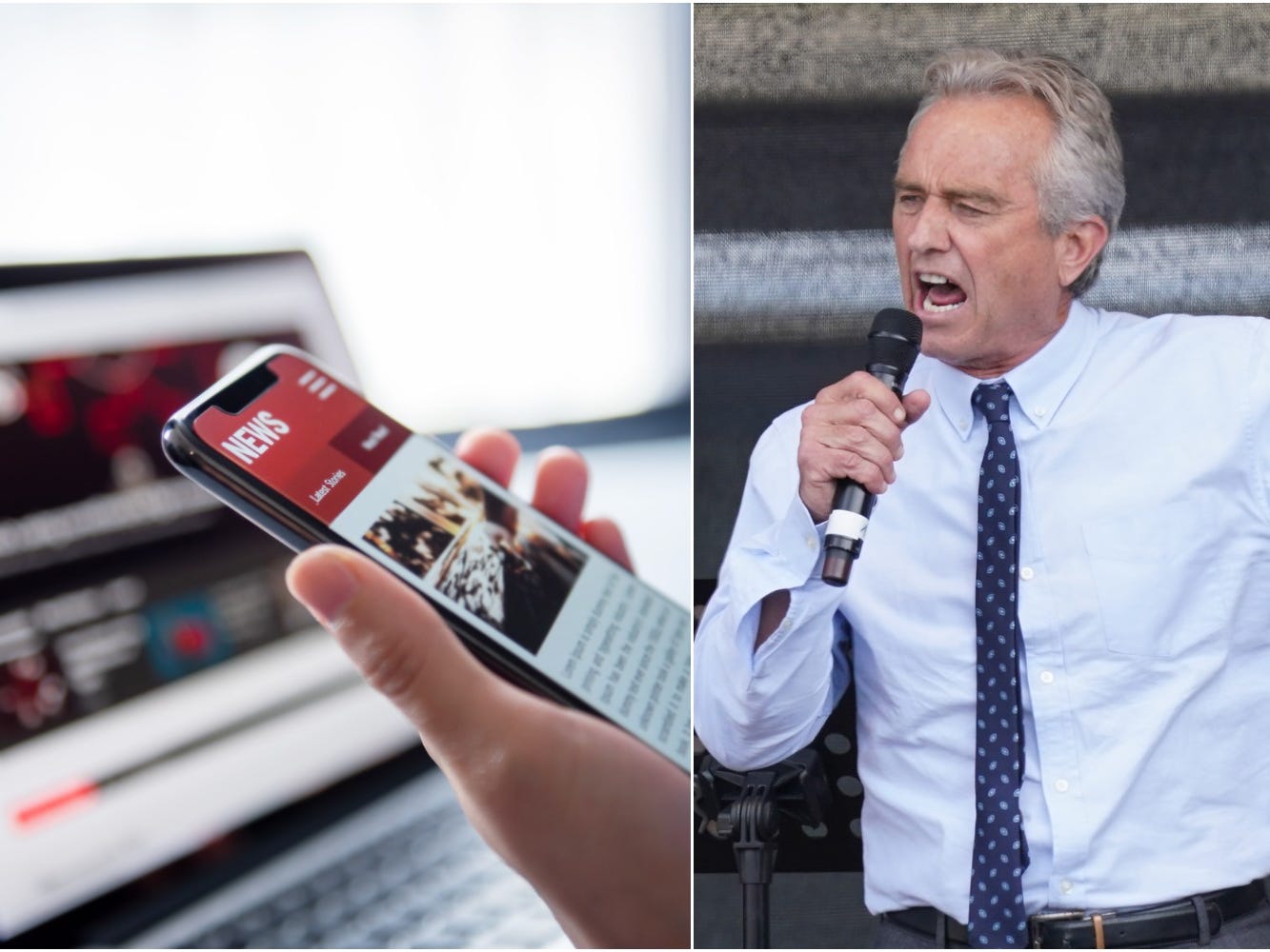 Stock photo of disinformation, left. Robert F. Kennedy Jr, a prominent anti-vaxxer, is pictured right.