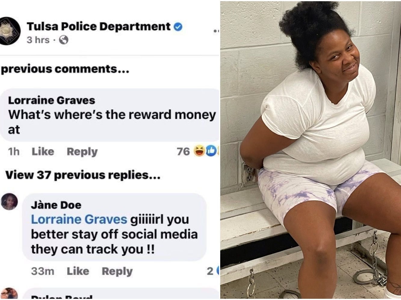 Lorraine Graves commented on the Tulsa Police Department's post about her