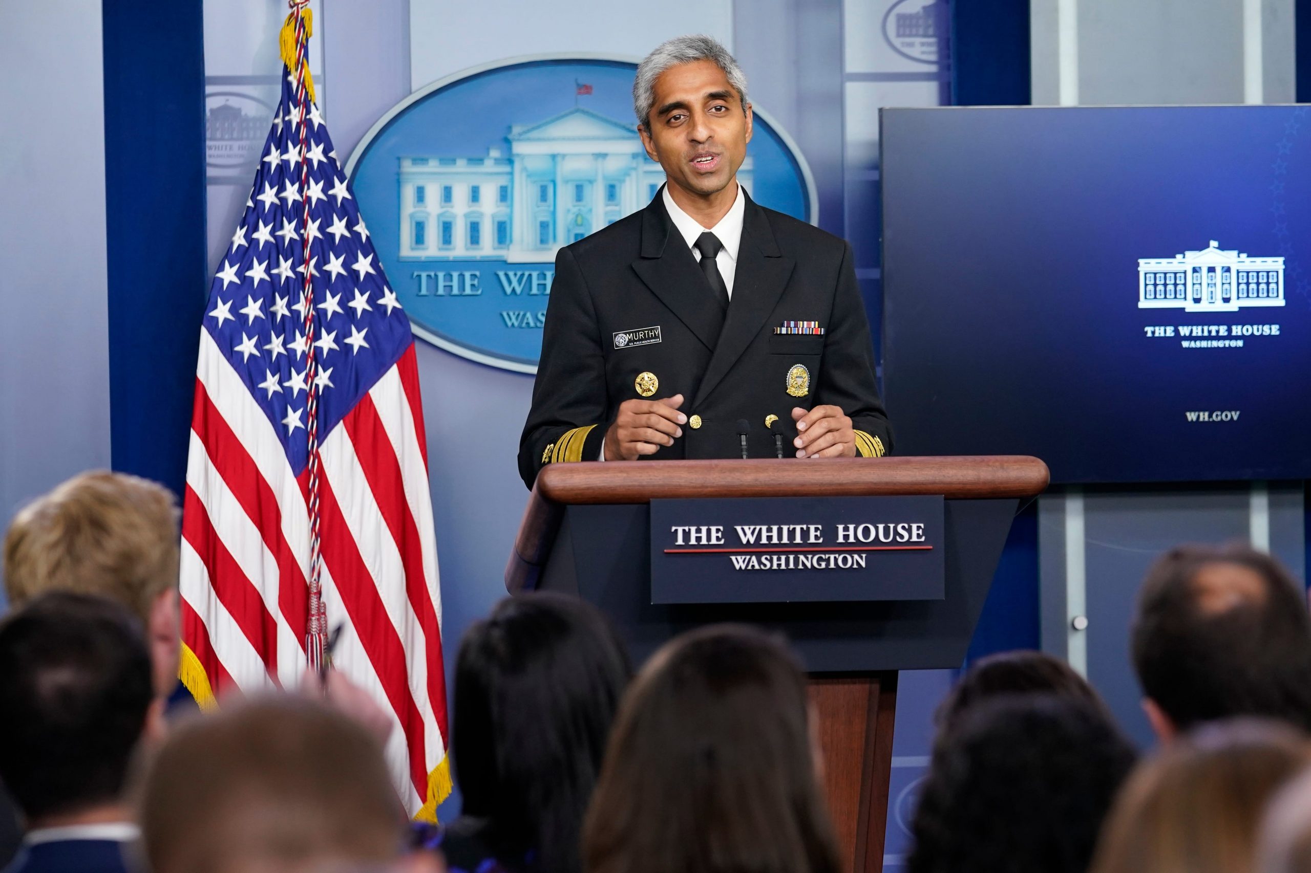 Surgeon General Dr. Vivek Murthy speaks at White House briefing.