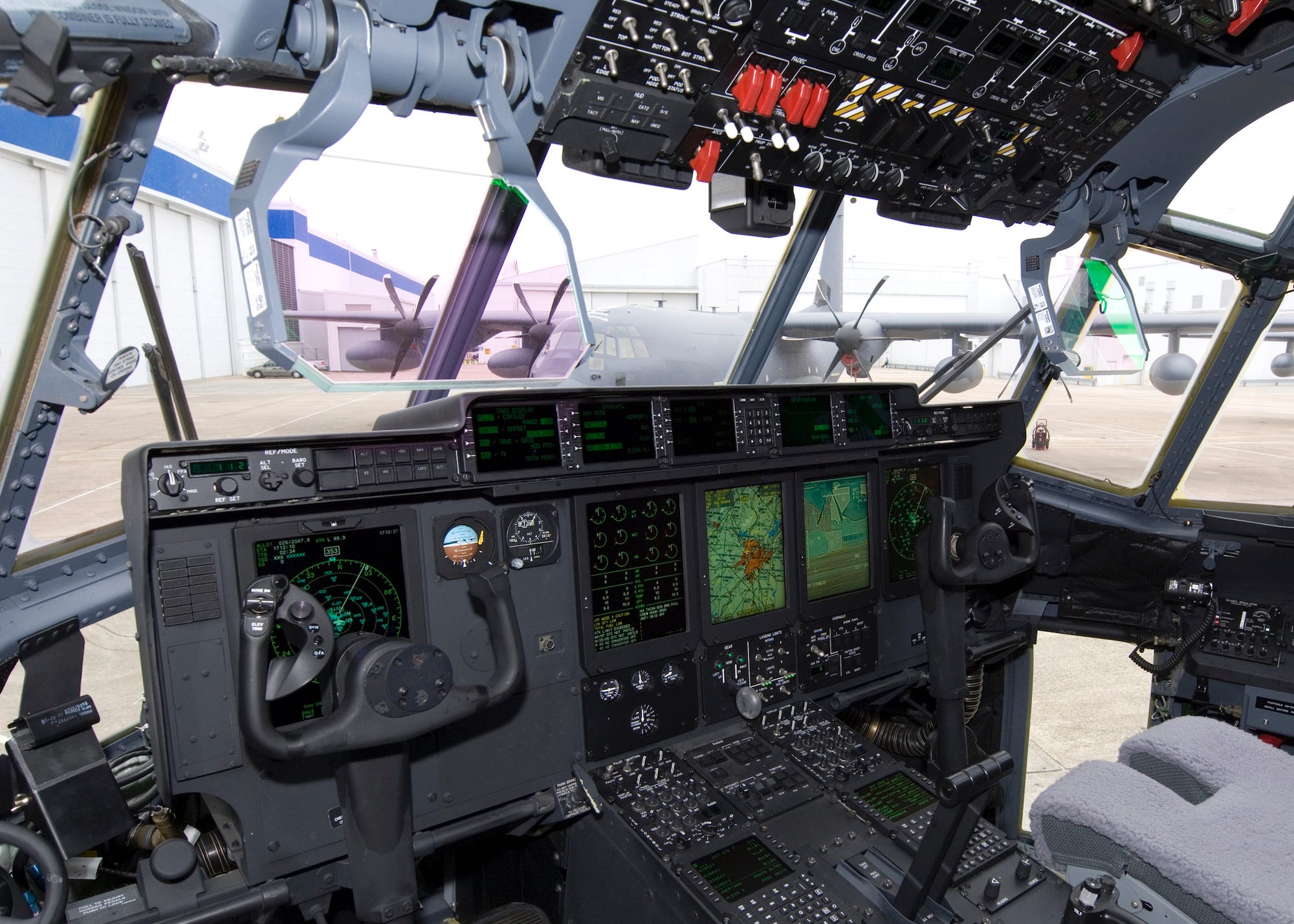 The cockpit of an MC-130J special operations plane