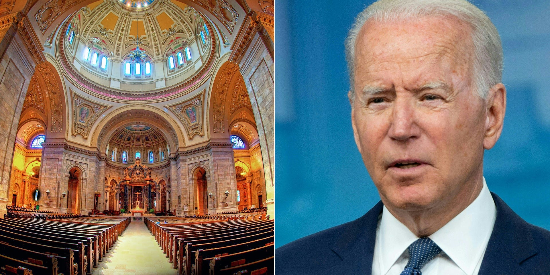 An image of the interior of a colorful, elaborate cathedral beside a close-up image of President Joe Biden.