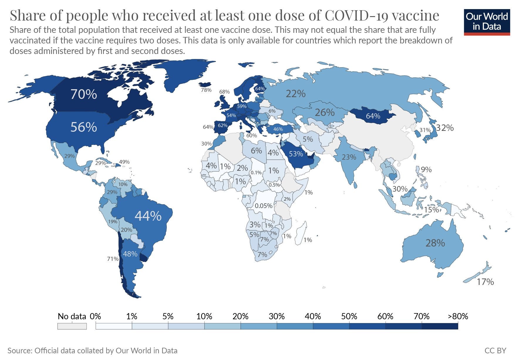 A map of the world with countries with the highest vaccination rates shaded darker