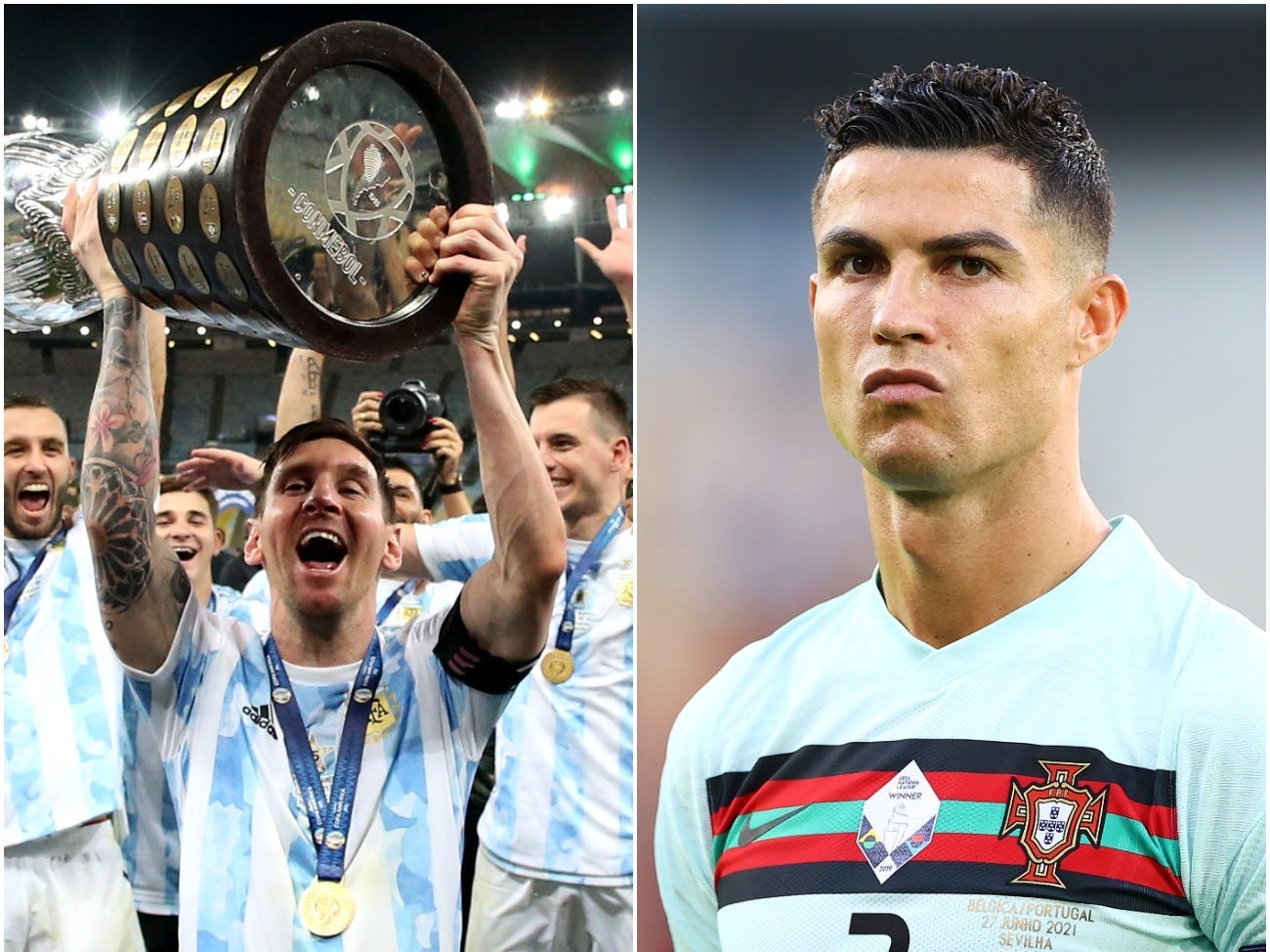 Lionel Messi celebrates Argentina's Copa America win and Cristiano Ronaldo during a Euro 2020 Portugal game