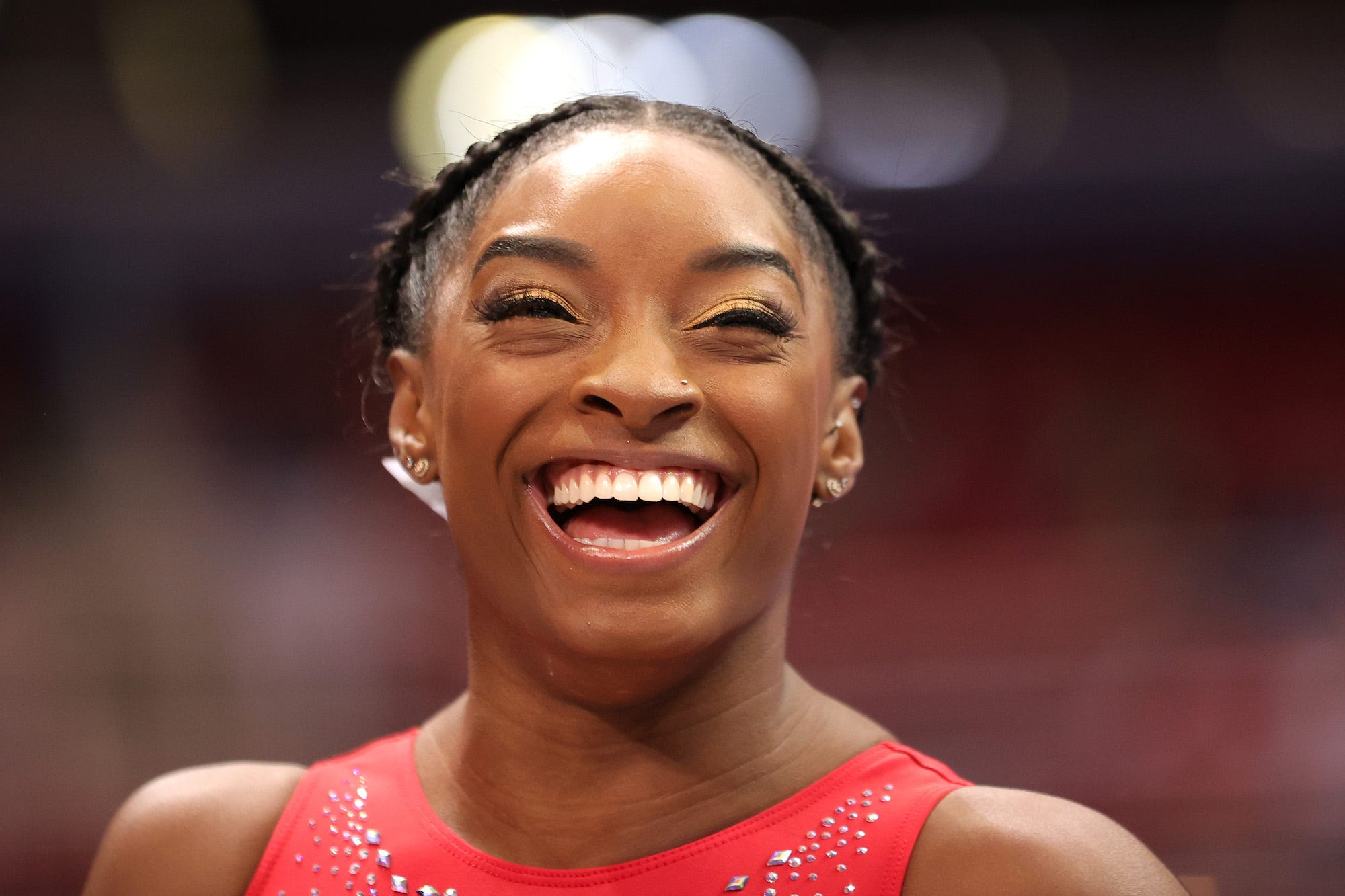 Simone Biles smiles during warm ups prior to the Women's competition of the 2021 U.S. Gymnastics Olympic Trials at America’s Center on June 27, 2021 in St Louis, Missouri.