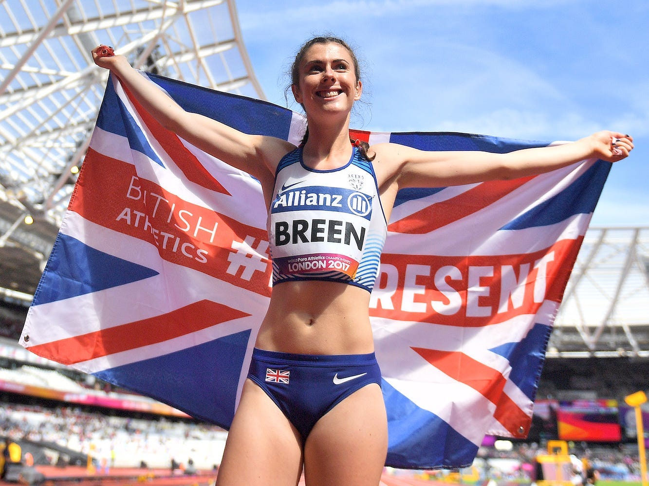 Great Britain's Olivia Breen celebrates winning gold in the Women's Long Jump T38 Final during day four of the 2017 World Para Athletics Championships at London Stadium.