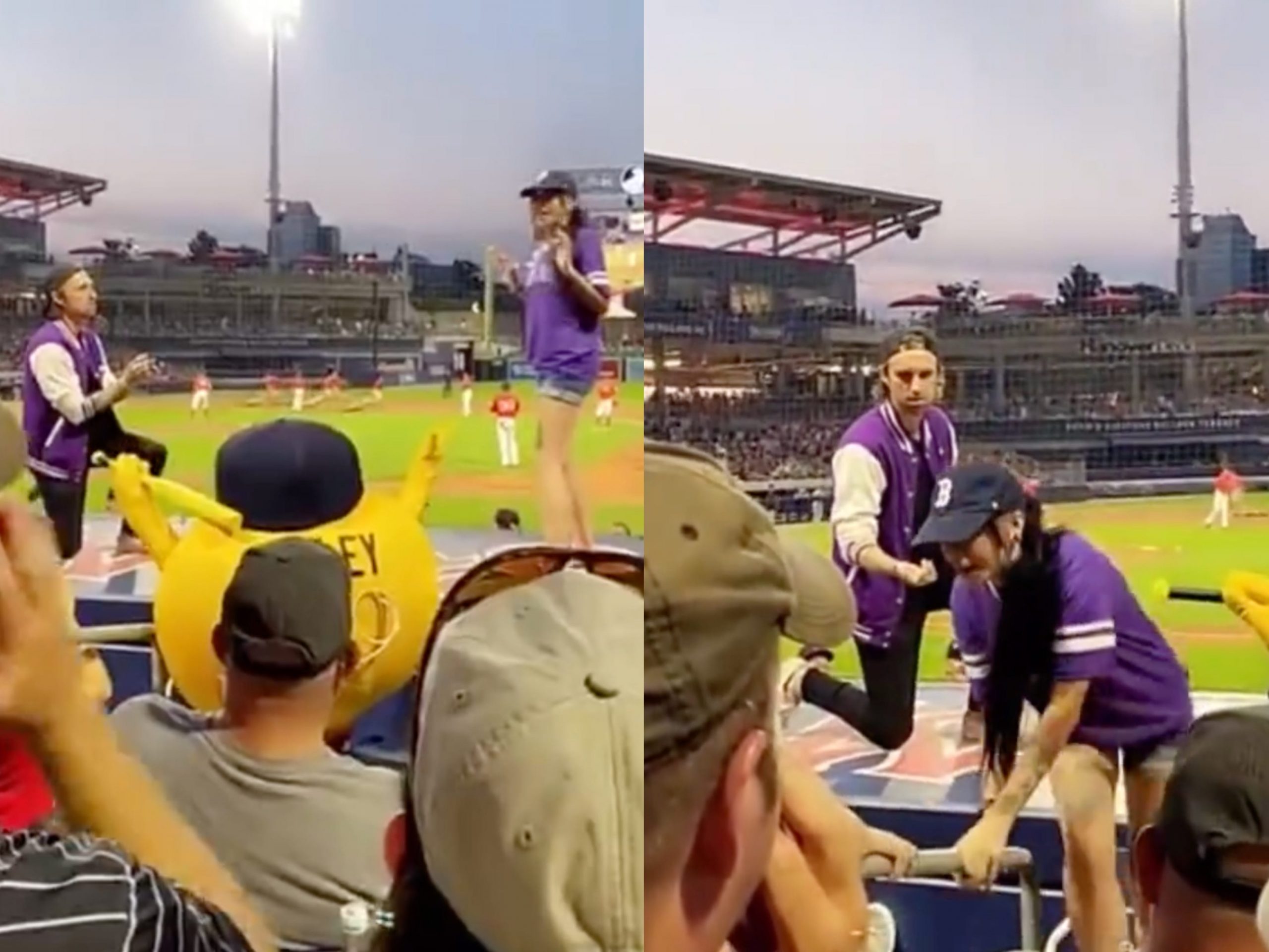 Preview of man proposing to woman at a Boston WooSox baseball game in July.