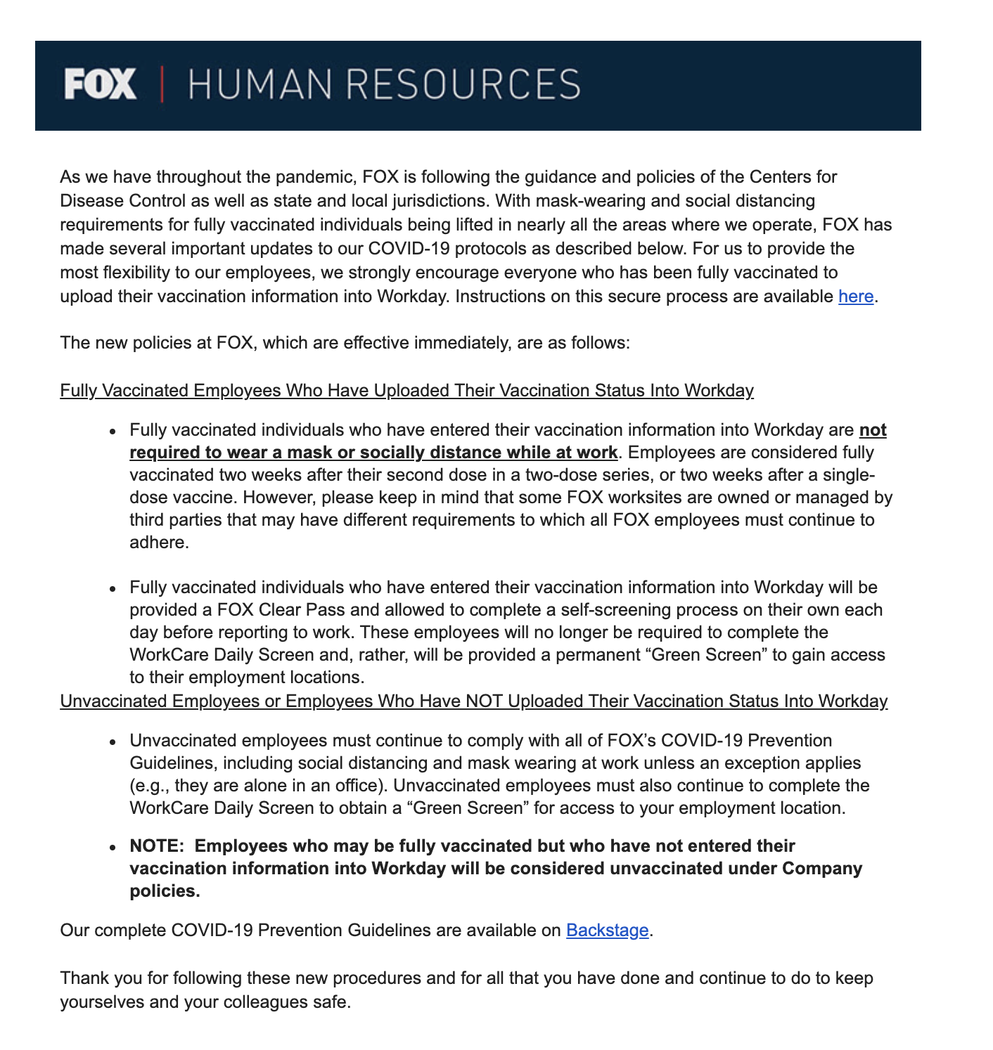 A Fox Corporation HR memo on COVID-19 return to office protocols.