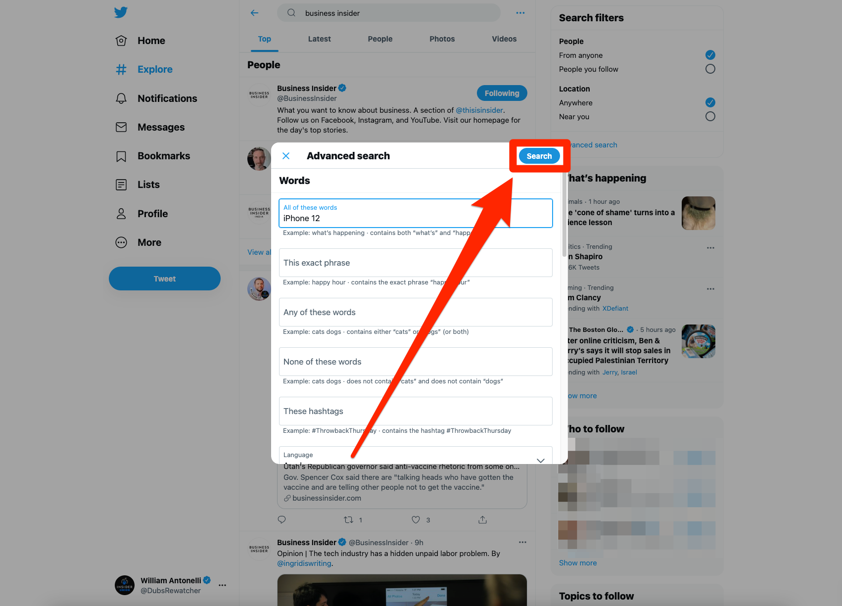 Twitter's advanced search tool, with the "Search" option highlighted.