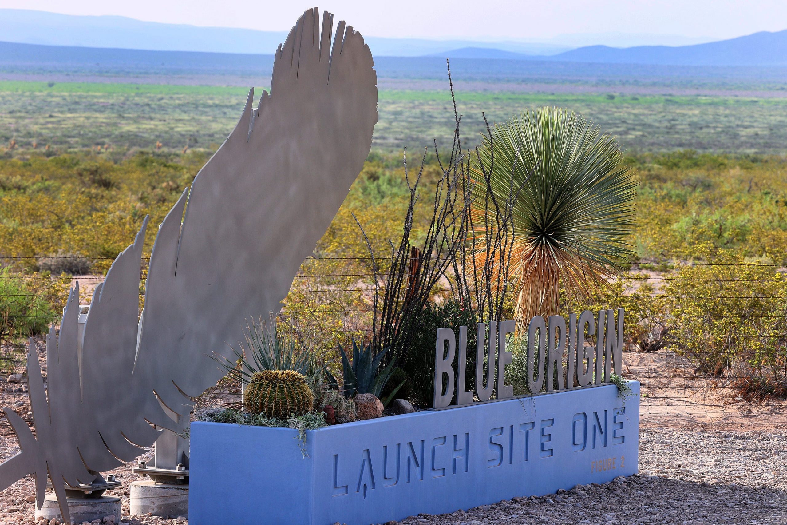 A sign marks the "Blue Origin launch spot"