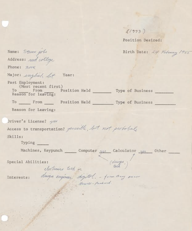 Steve Jobs job application 1973