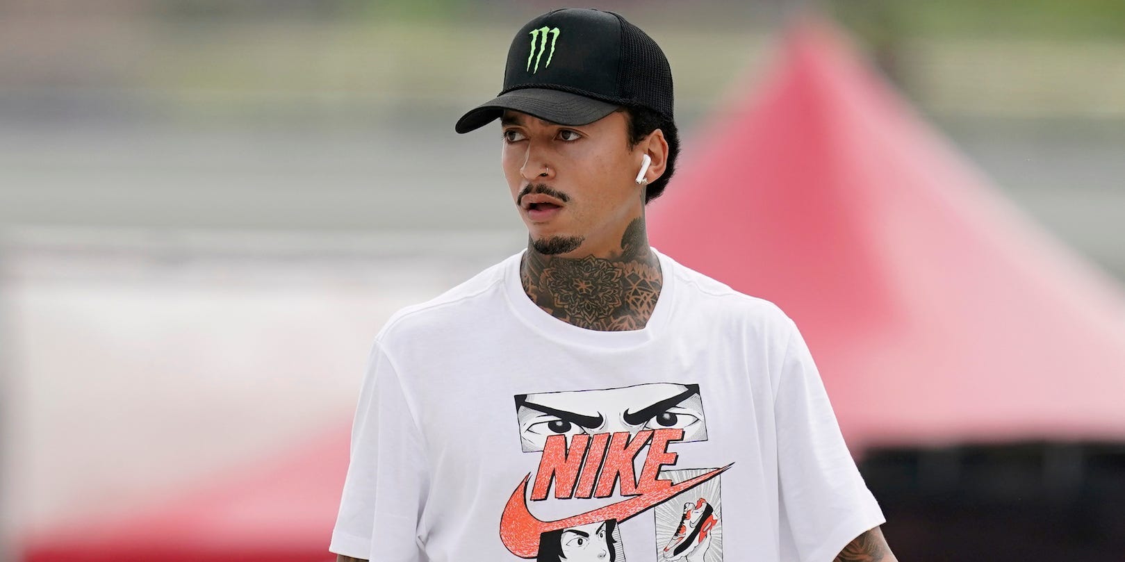 In this May 22, 2021, photo, Nyjah Huston, of the United States, practices during an Olympic qualifying skateboard event at Lauridsen Skatepark in Des Moines, Iowa.